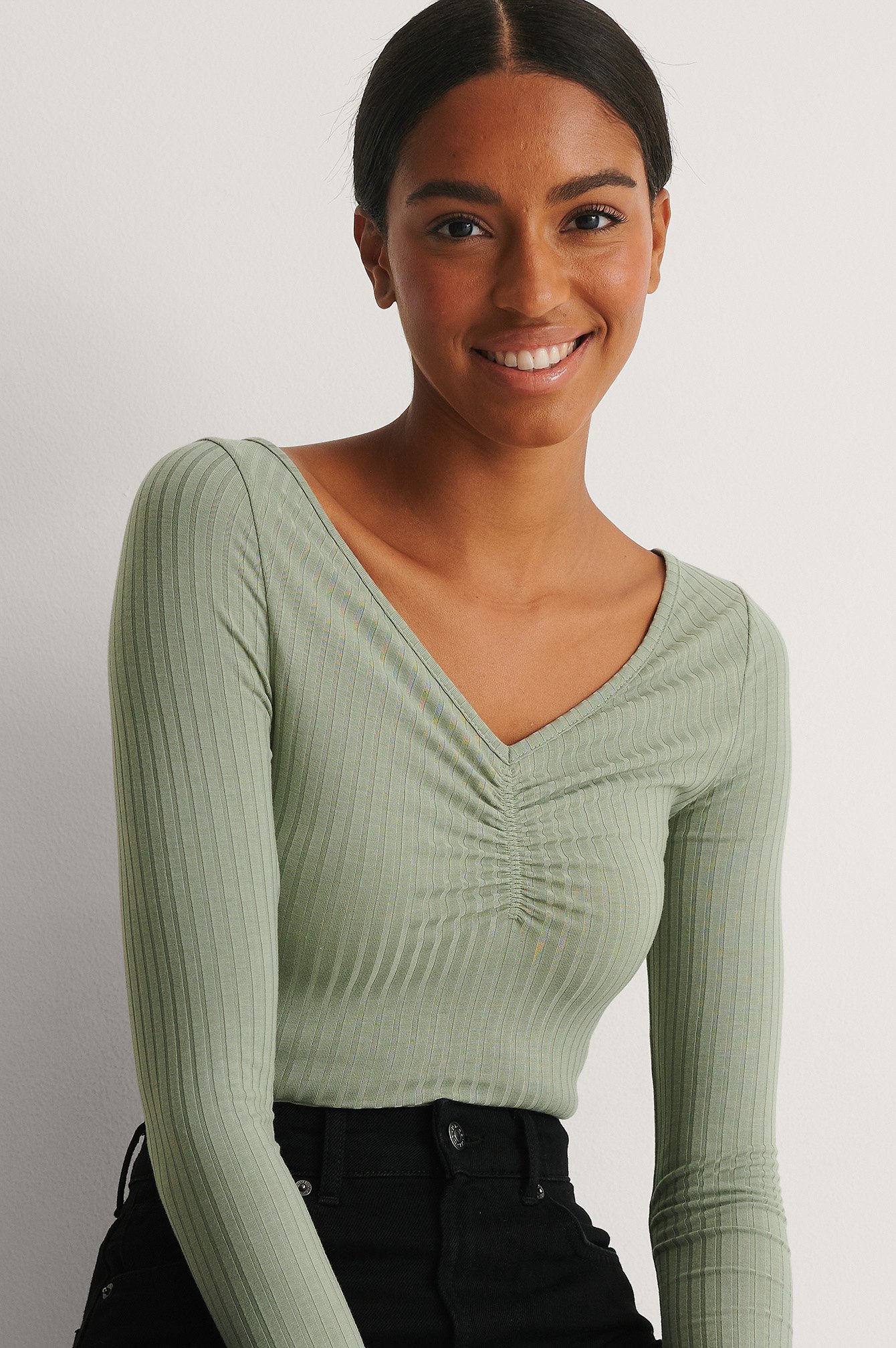Khaki Front Rouched Ribbed Top
