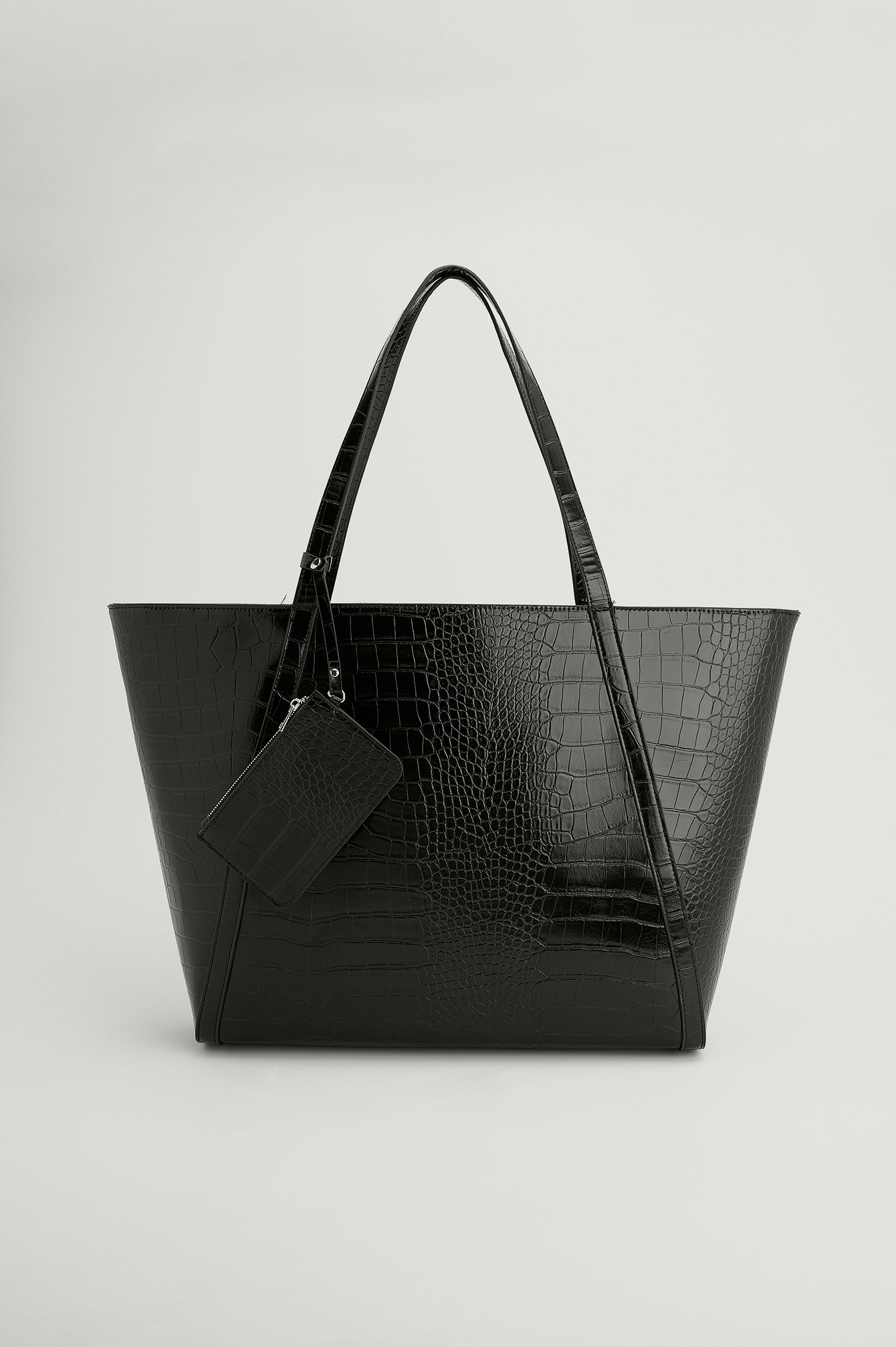 Black Recycelte glänzende Krokodil-Shopper-Tasche