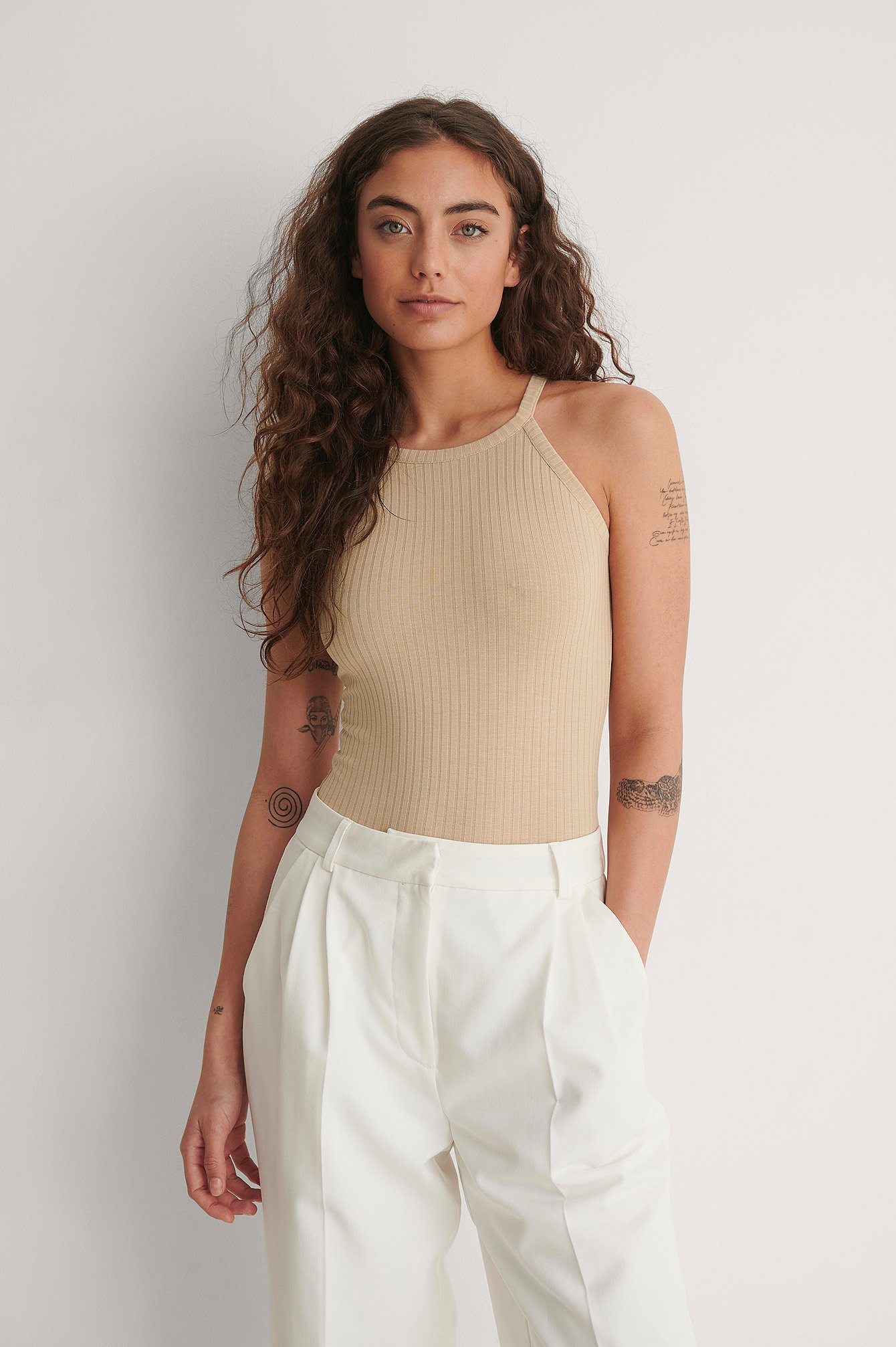 Beige High Neck Ribbed Body