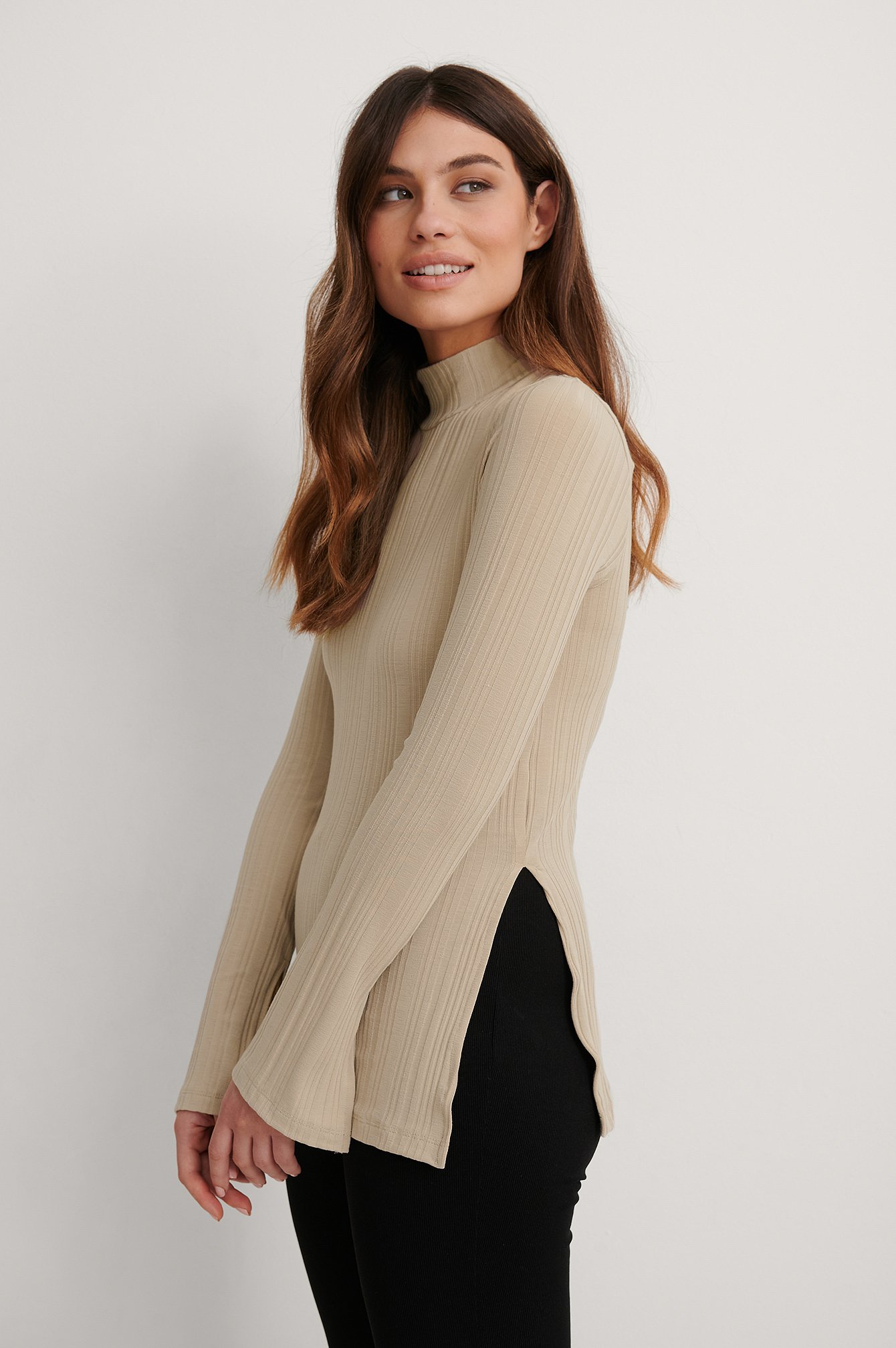 Beige Recycled High Neck Slit Top