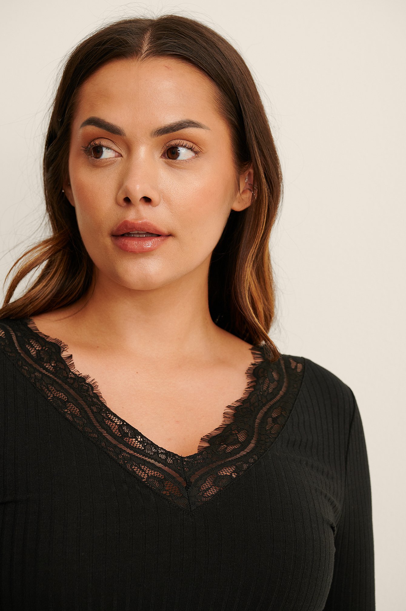 Black Recycled Lace Detail Ribbed Top