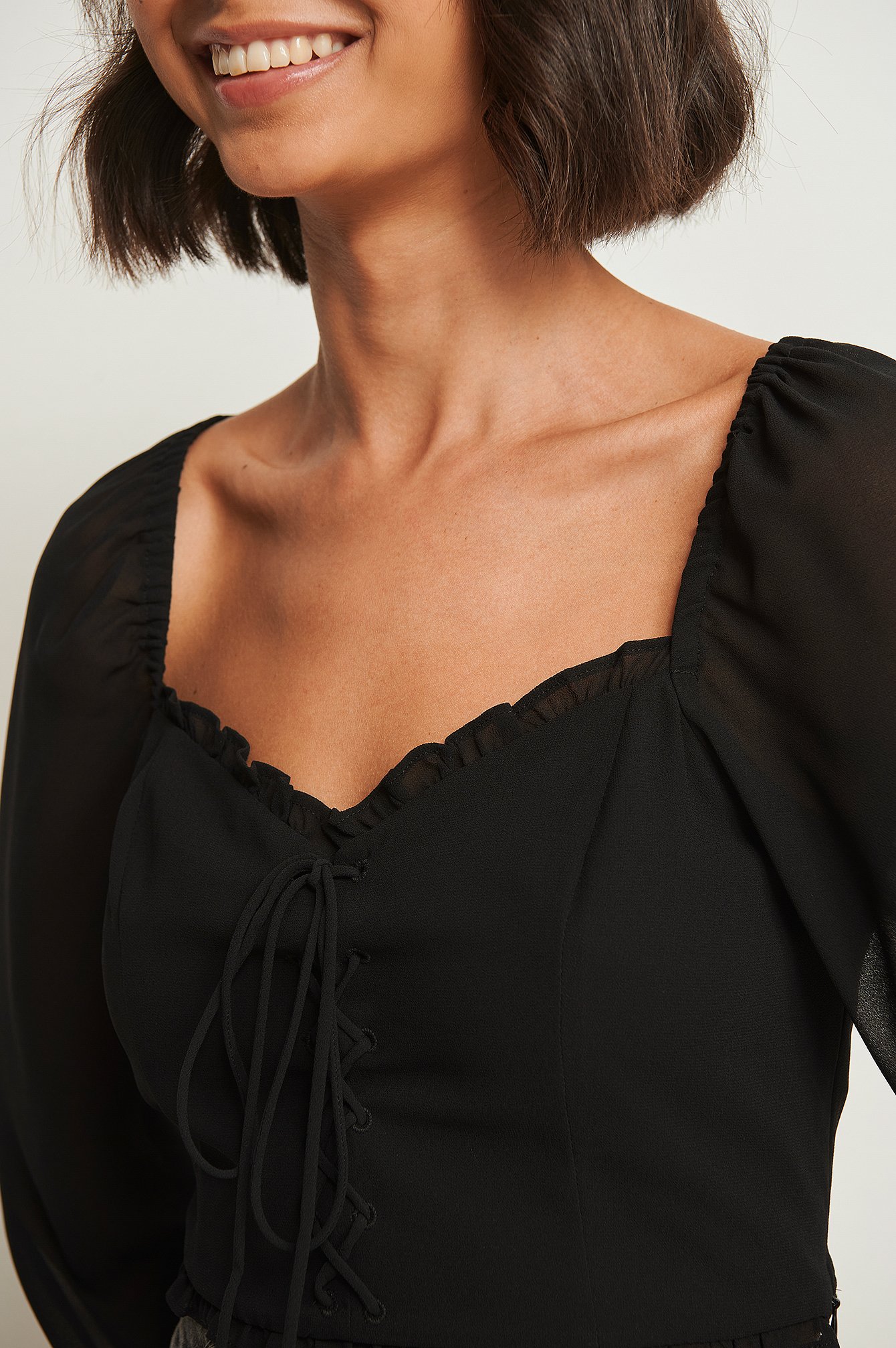 Black Gerecyclede blouse met lange mouwen en kantdetail