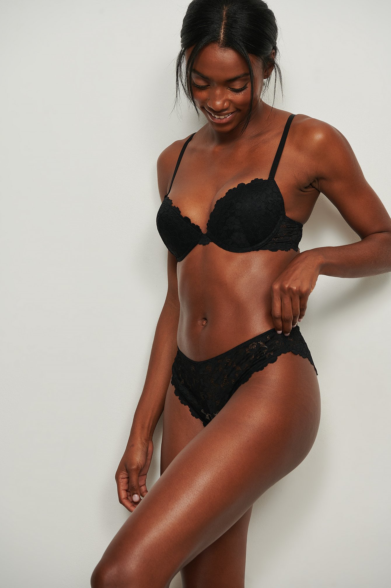 Black Recycled Mid Rise Lace Brazilian