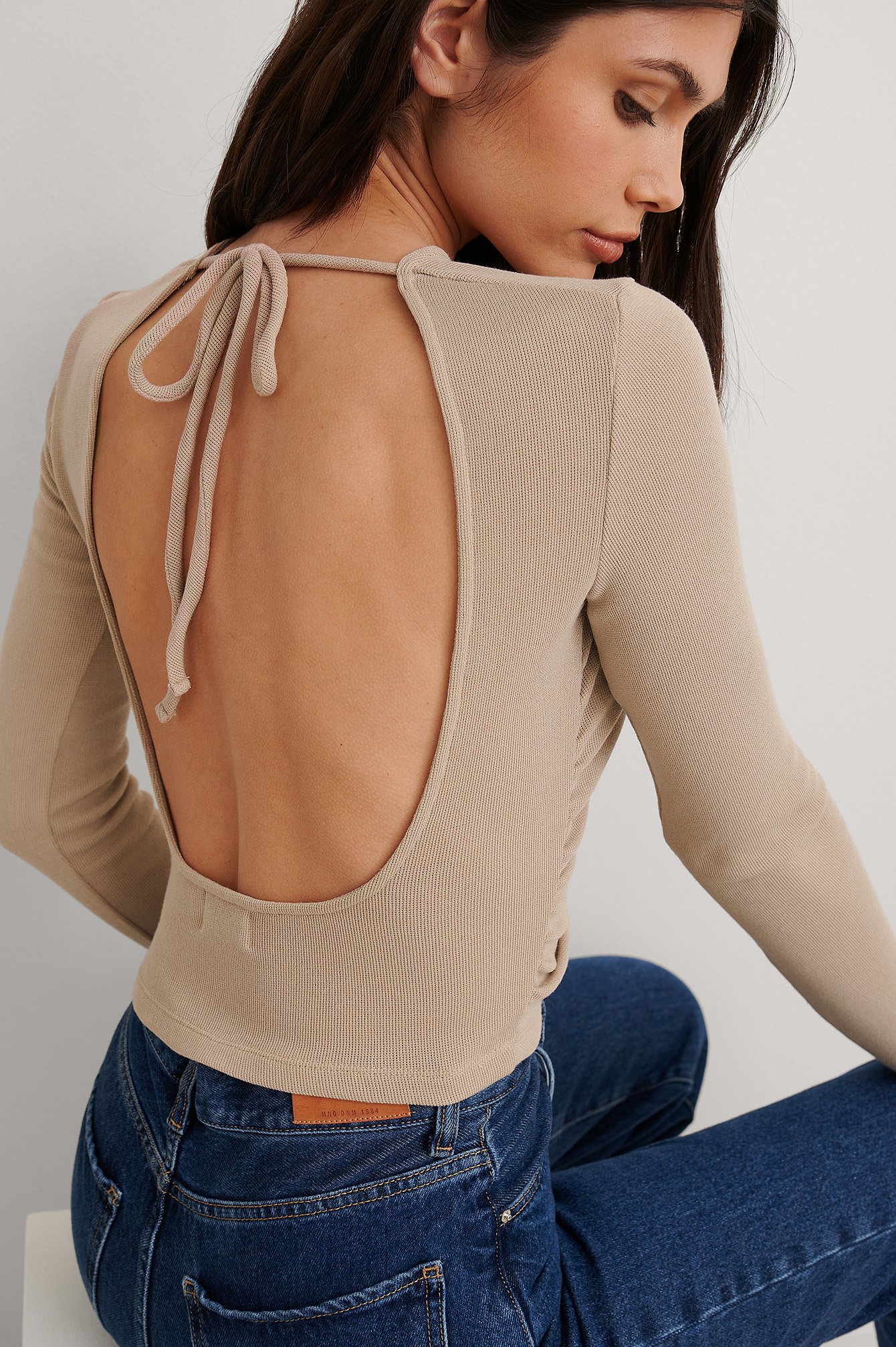 Beige Recycled Open Back Knot Detail Top