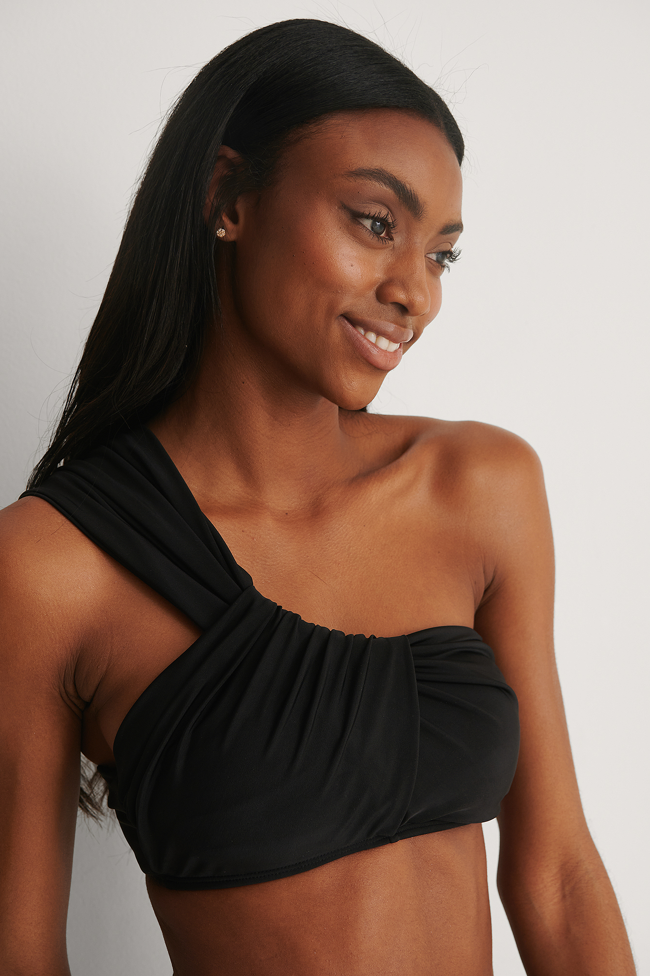 Black Recycled Pleated Detail One Shoulder Top