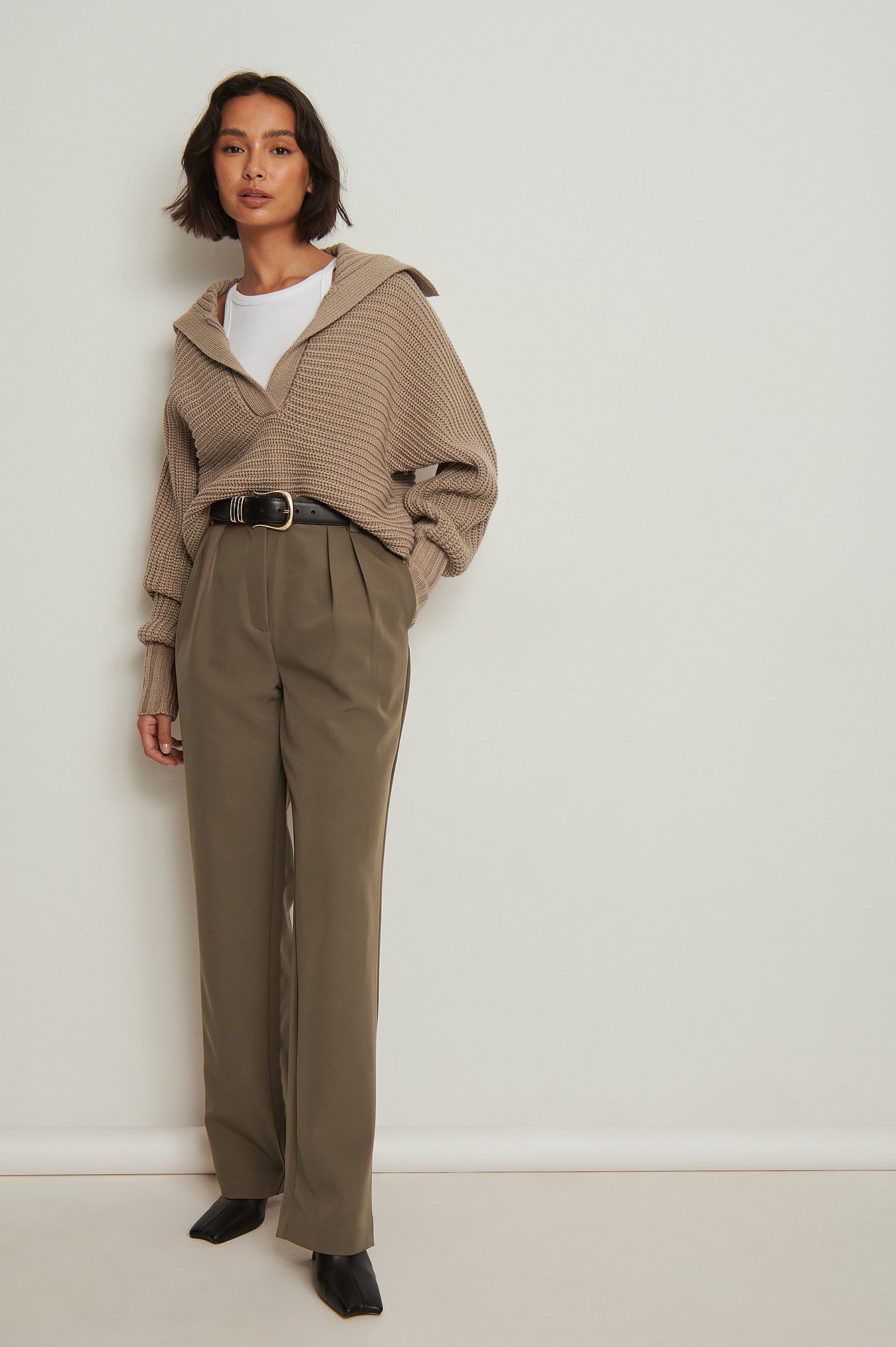 Brown Recycled Pleated Straight Leg Suit Pants
