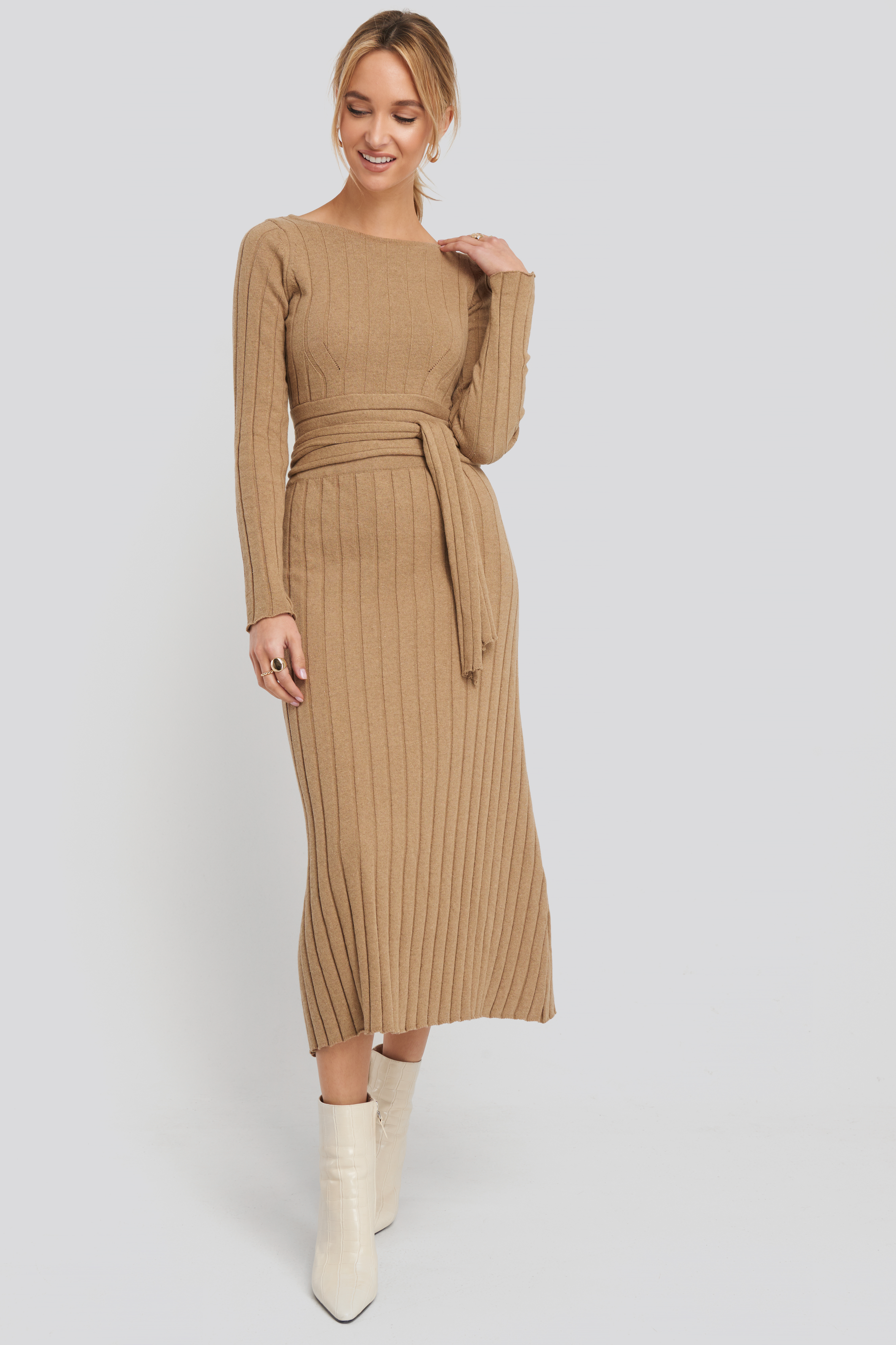 Recycled Ribbed Knit Midi Skirt Brown