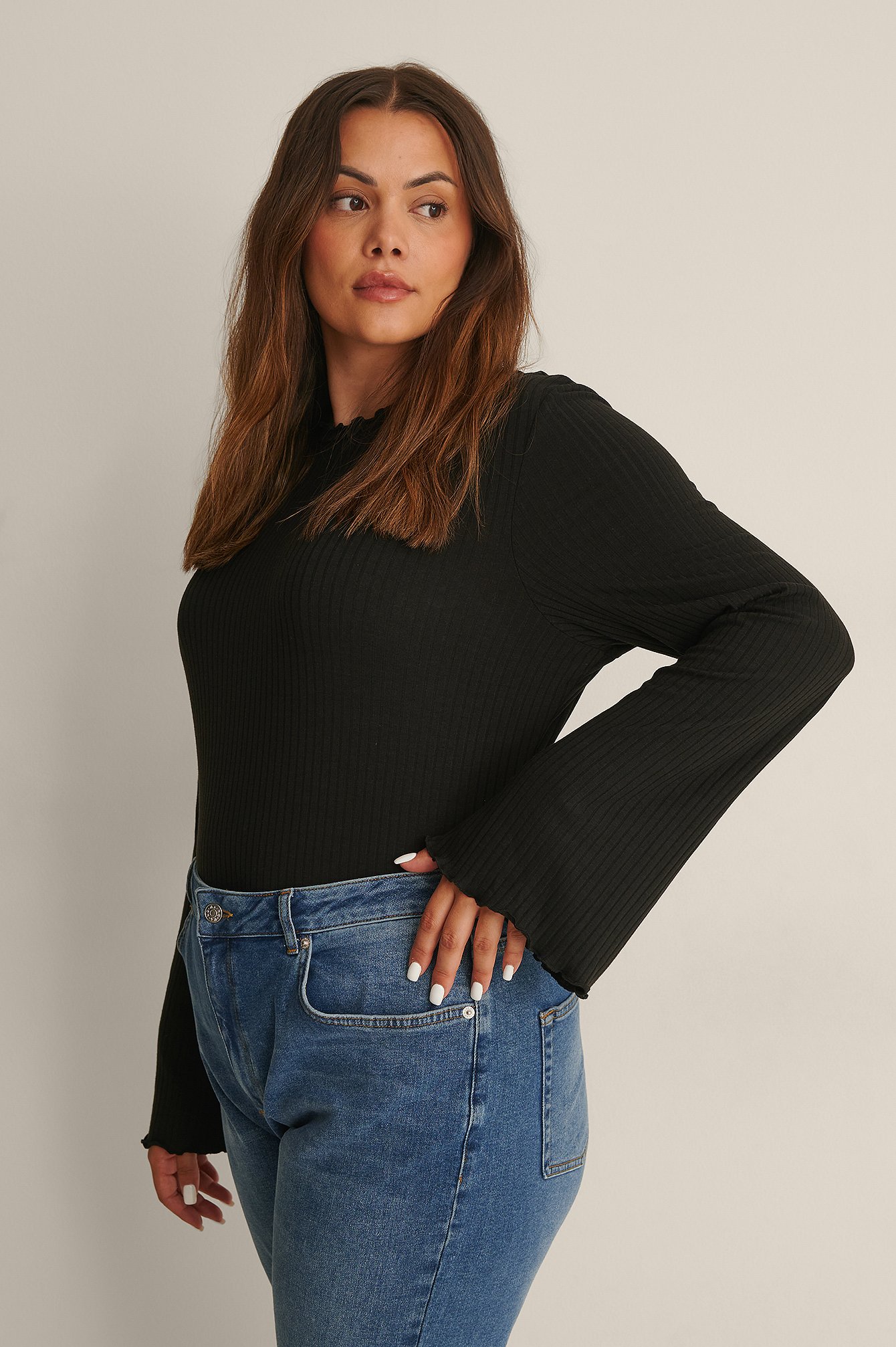 Black Recycled Ribbed Trumpet Sleeve Top