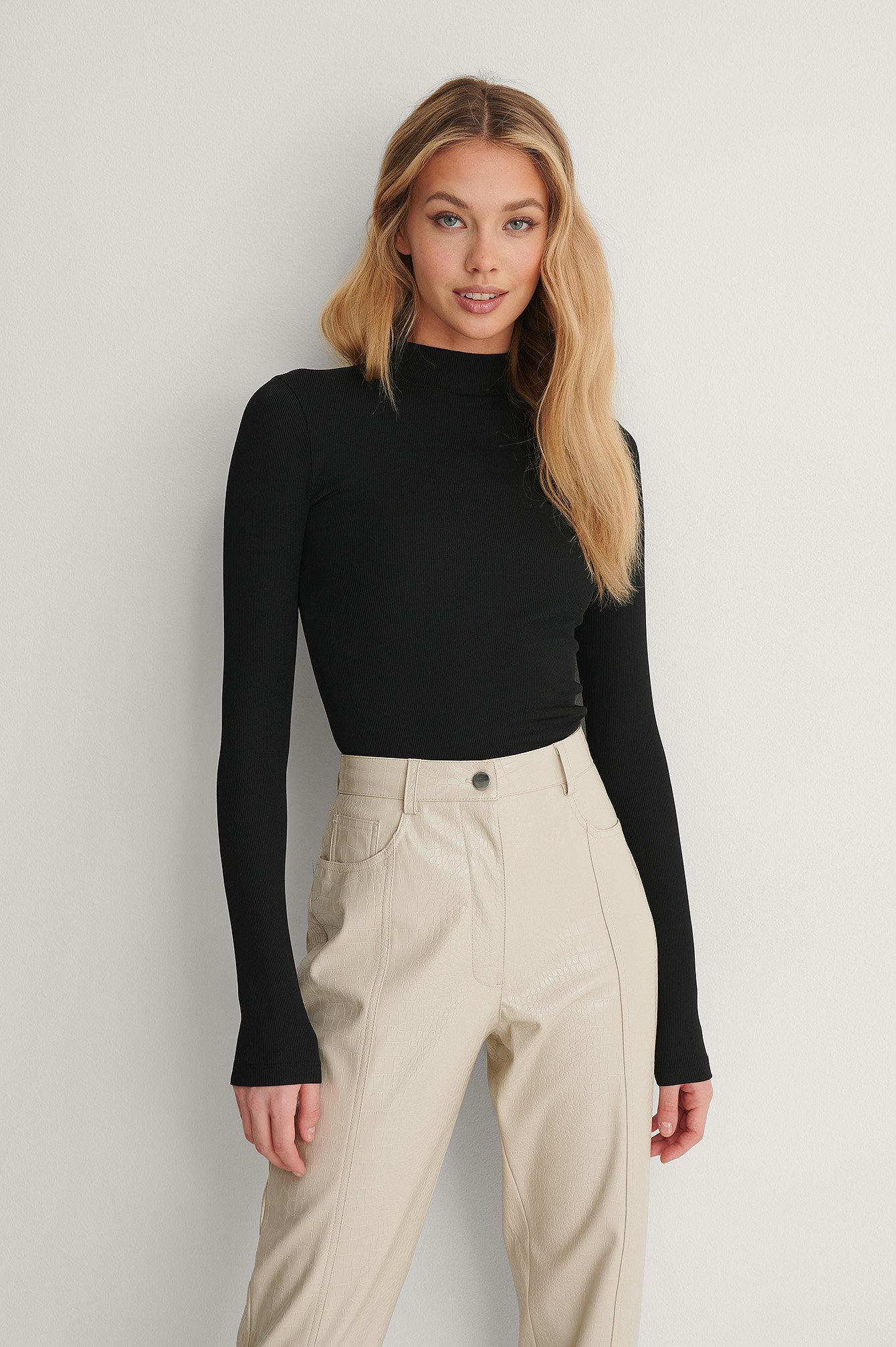 Black Recycled Ribbed Turtleneck Top