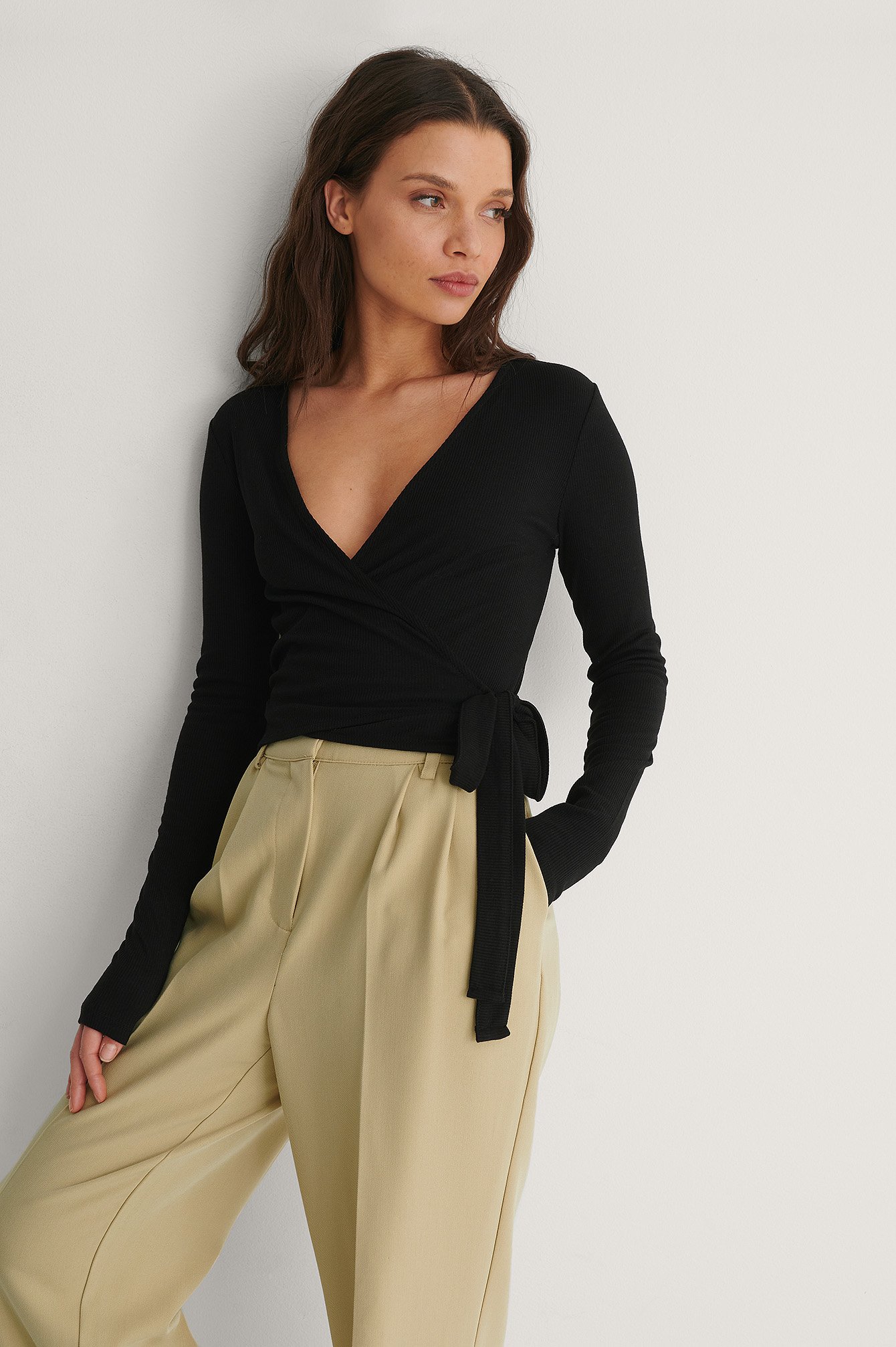 Black Recycled Ribbed Wrap Top