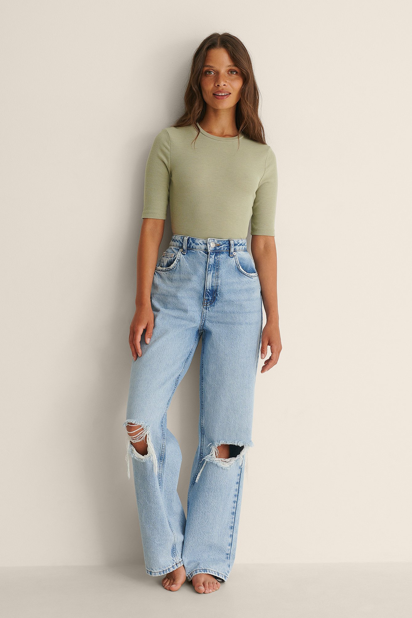 Light Green Round Neck Ribbed Crop Top