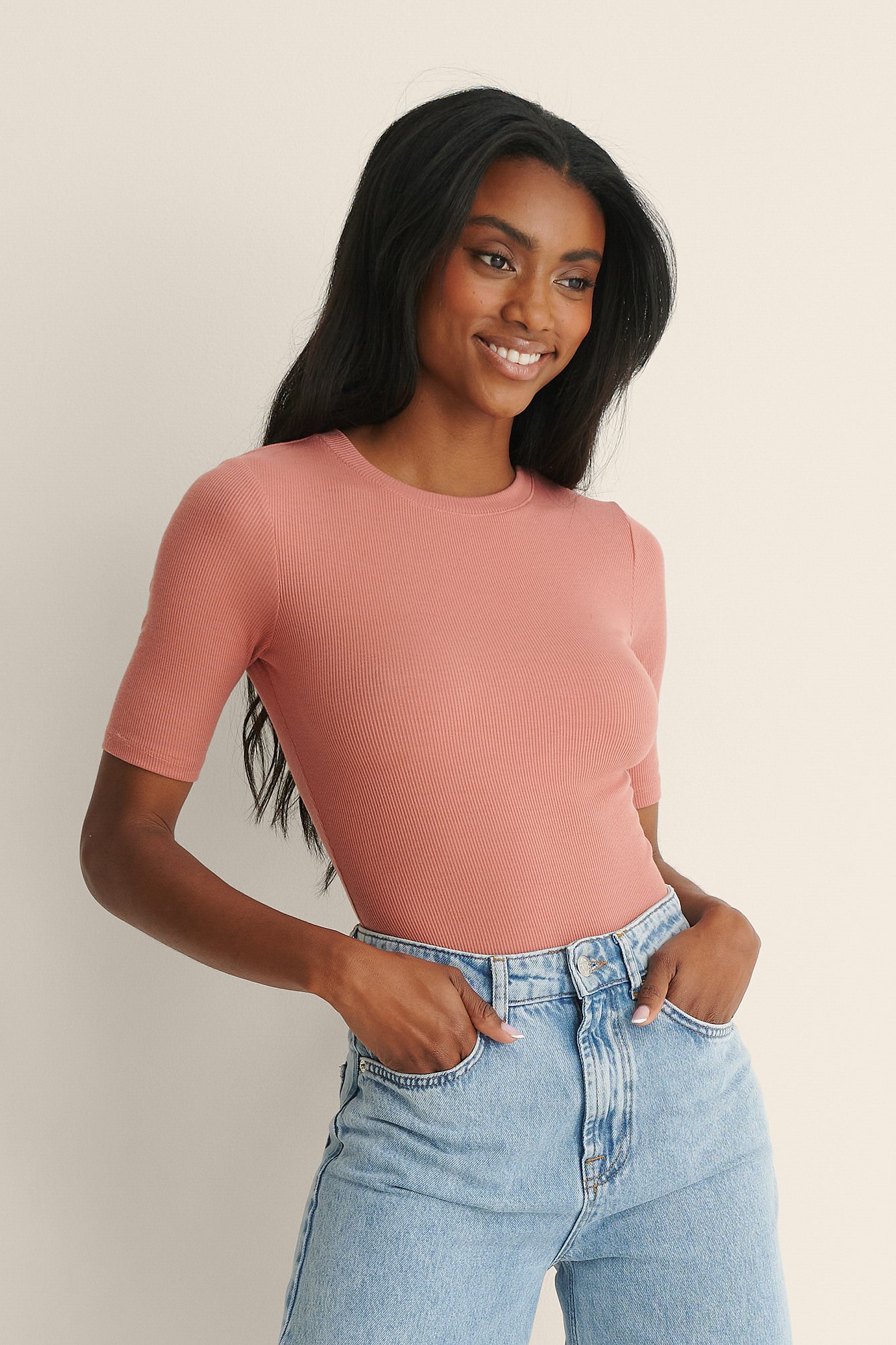 Dusty Pink Round Neck Ribbed Top