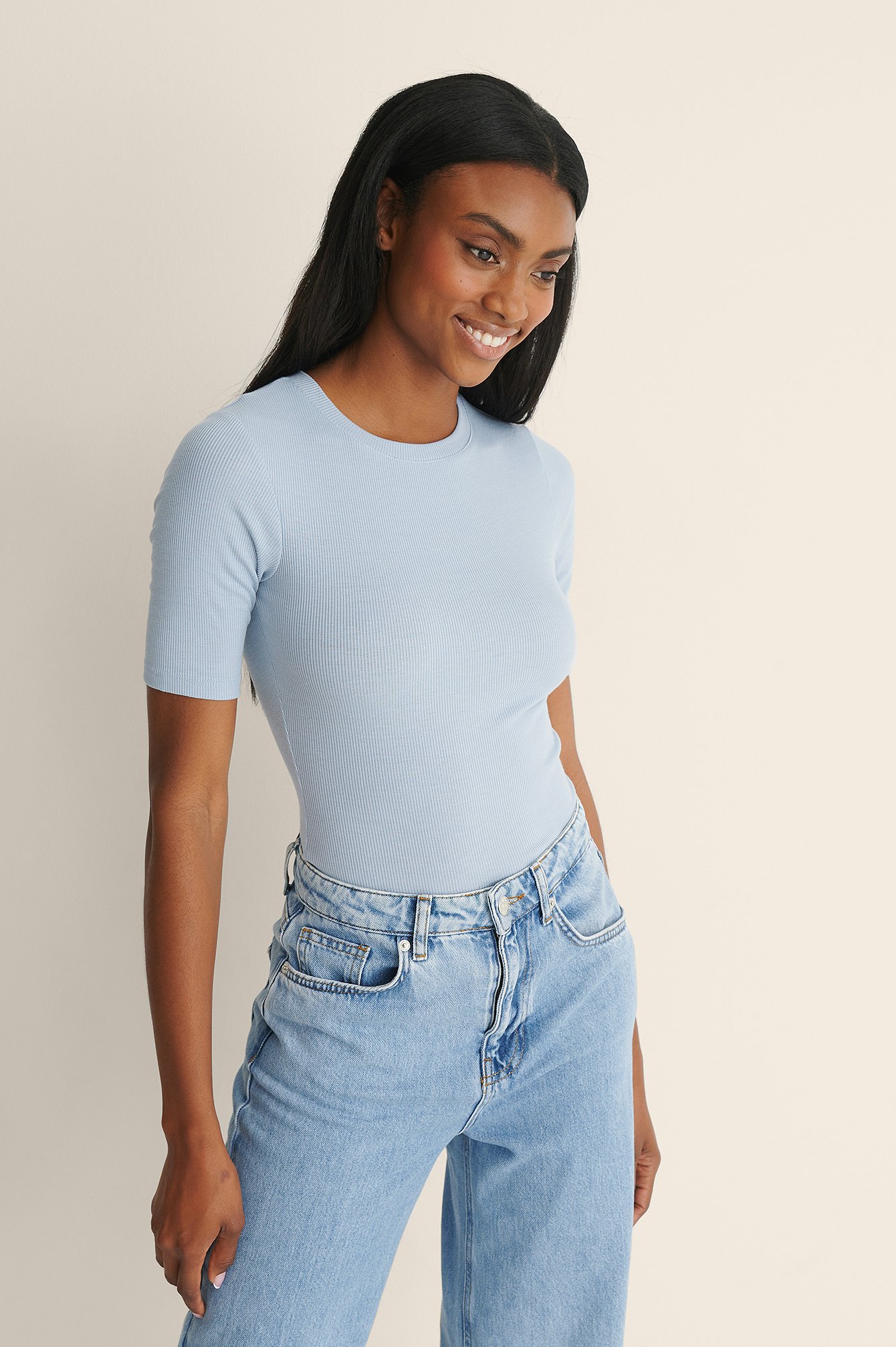 Dusty Blue Round Neck Ribbed Top