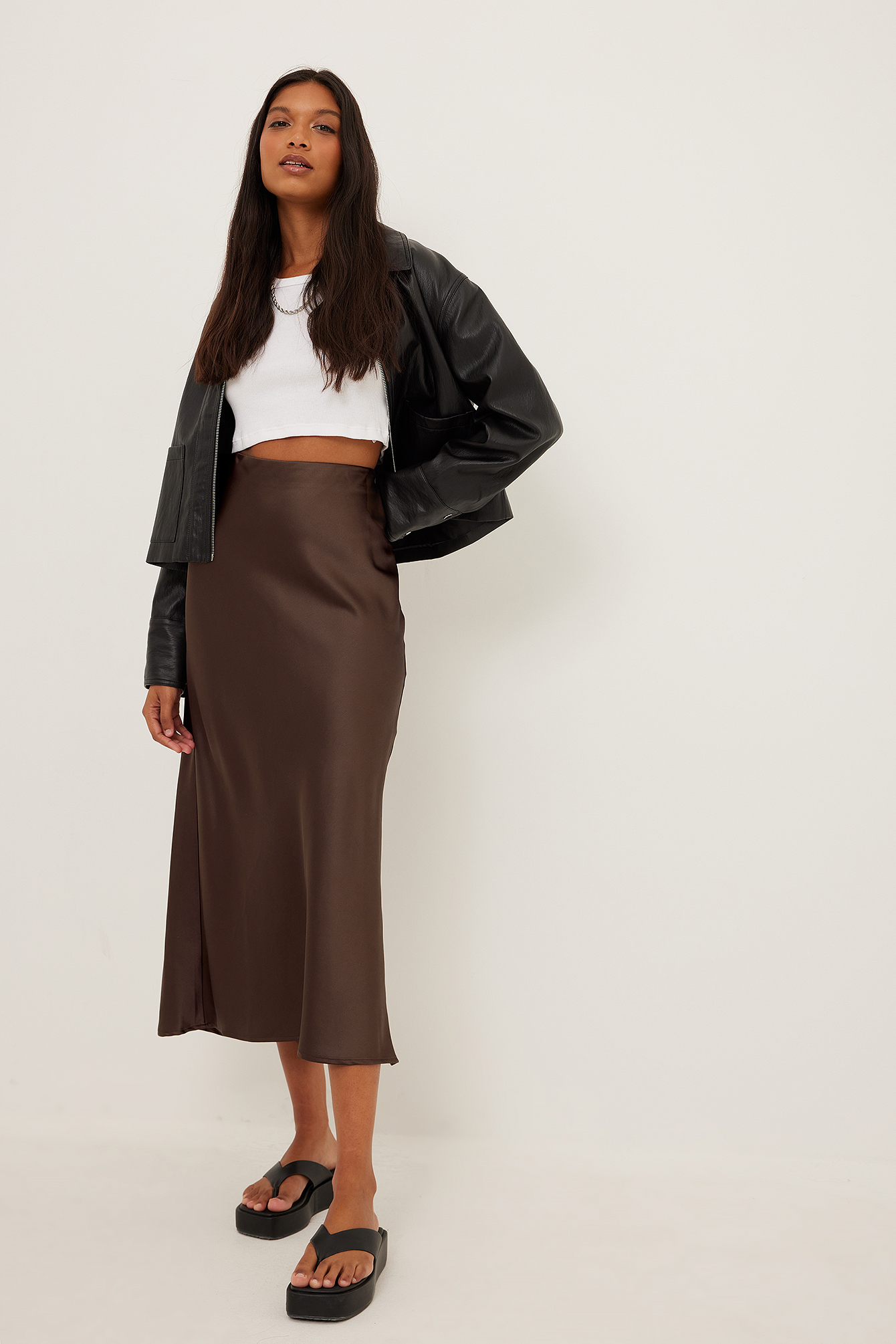 Brown Satin Midi Skirt