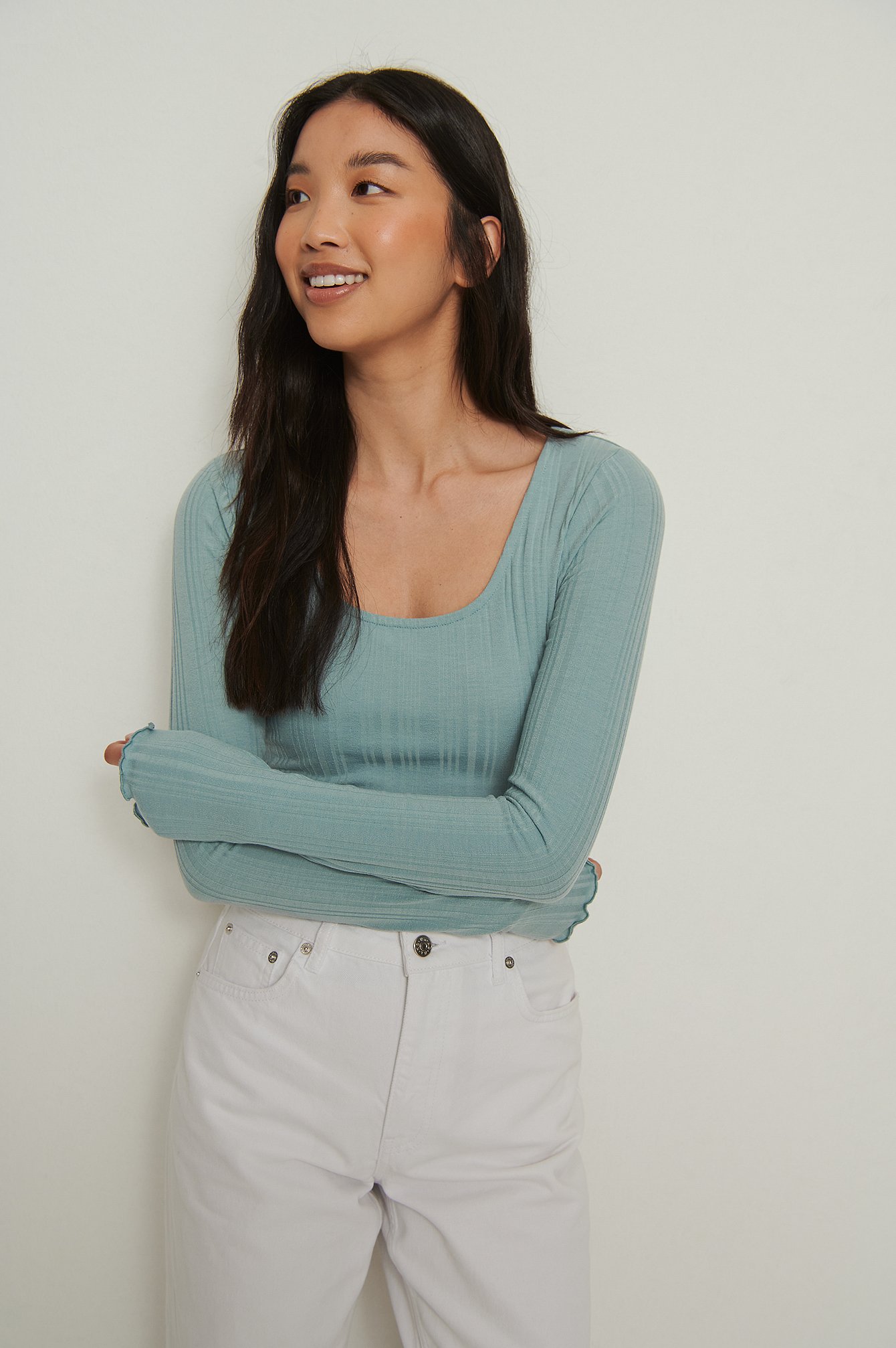 Dusty Blue Recycled Scoop Neck Rib Babylock Top