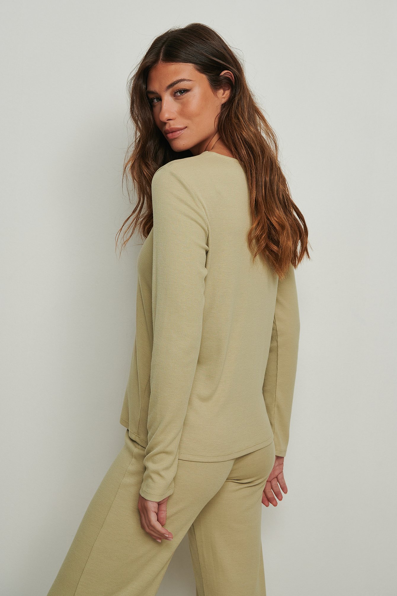 Olive Green Soft Ribbed Round Neck Top