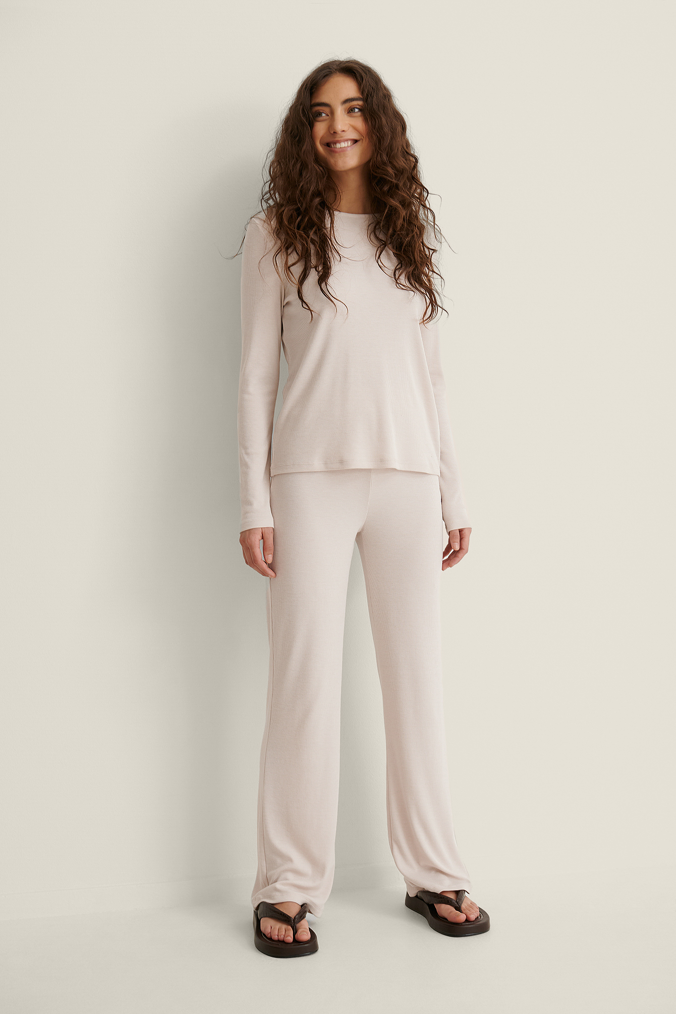 Soft Ribbed Wide Pants Offwhite | na-kd.com
