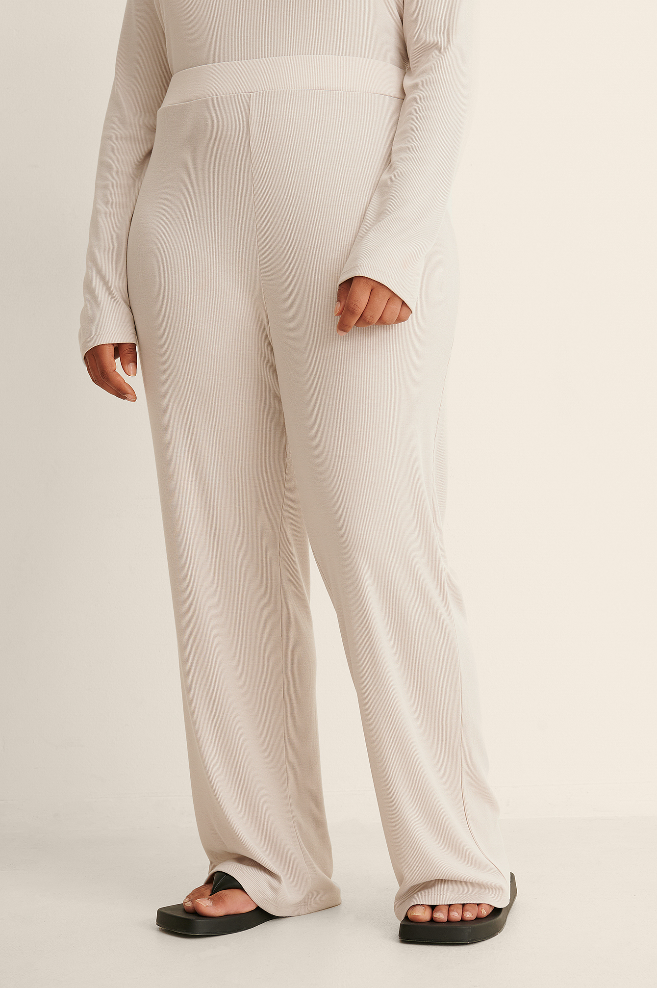 Soft Ribbed Wide Leg Pants Beige | na 