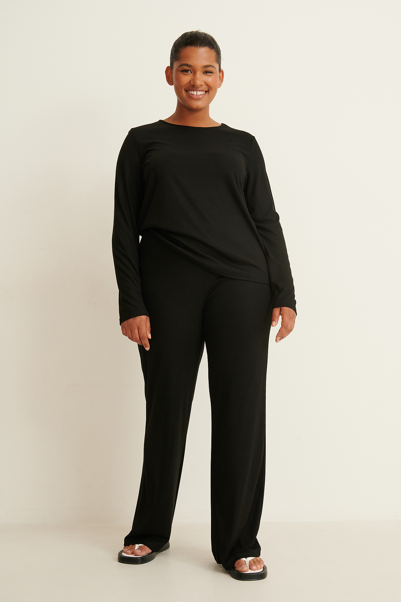 Soft Ribbed Wide Leg Pants Black | na 