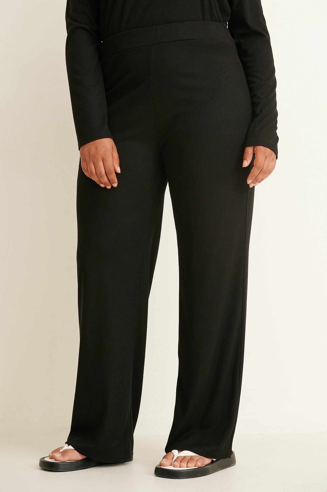 Soft Ribbed Wide Leg Pants Black | na 