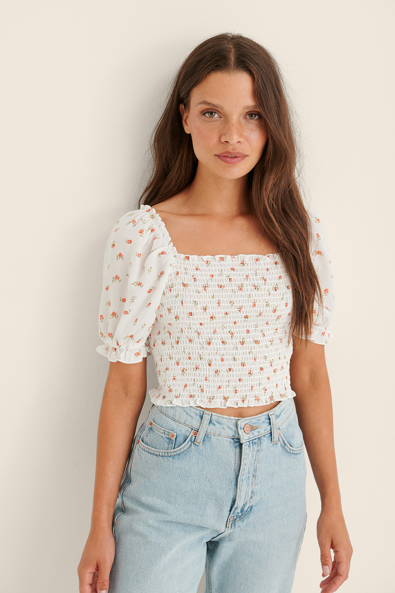 White/Red Flower Recycled Cropped Smocked Top