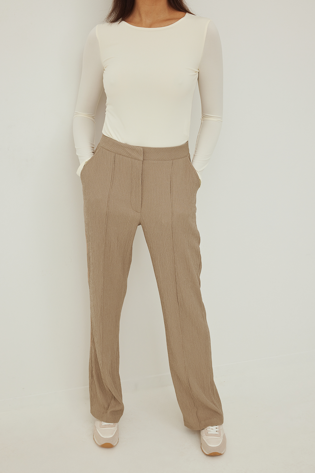 Beige Recycled Structured Seamline Suit Pants