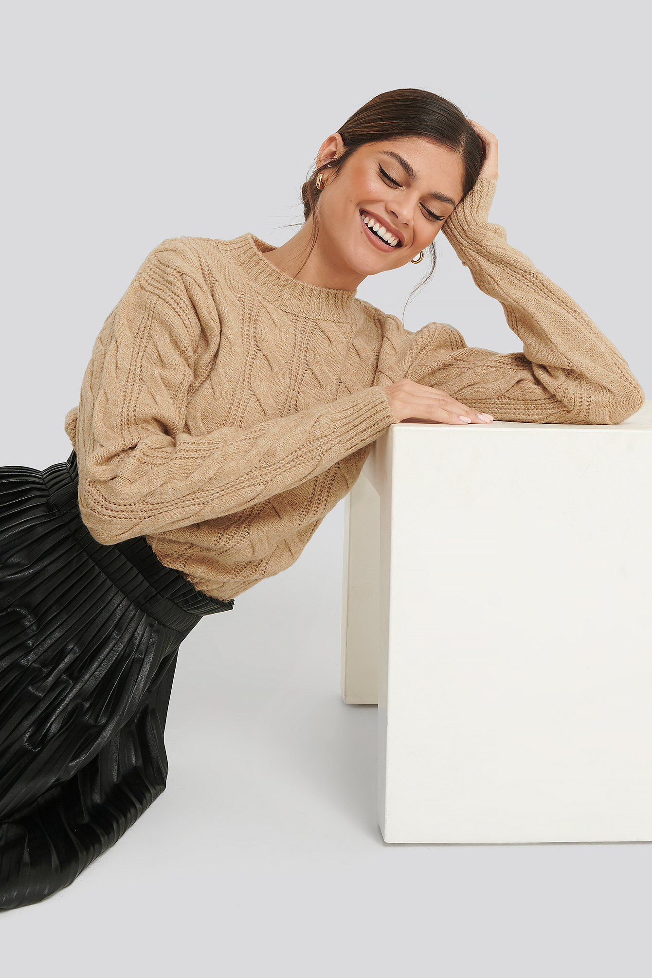 Regular Cable Knitted Sweater Beige