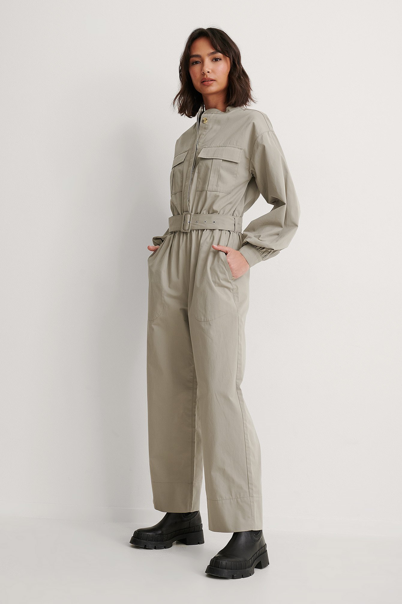 Beige Relaxed Belted Jumpsuit