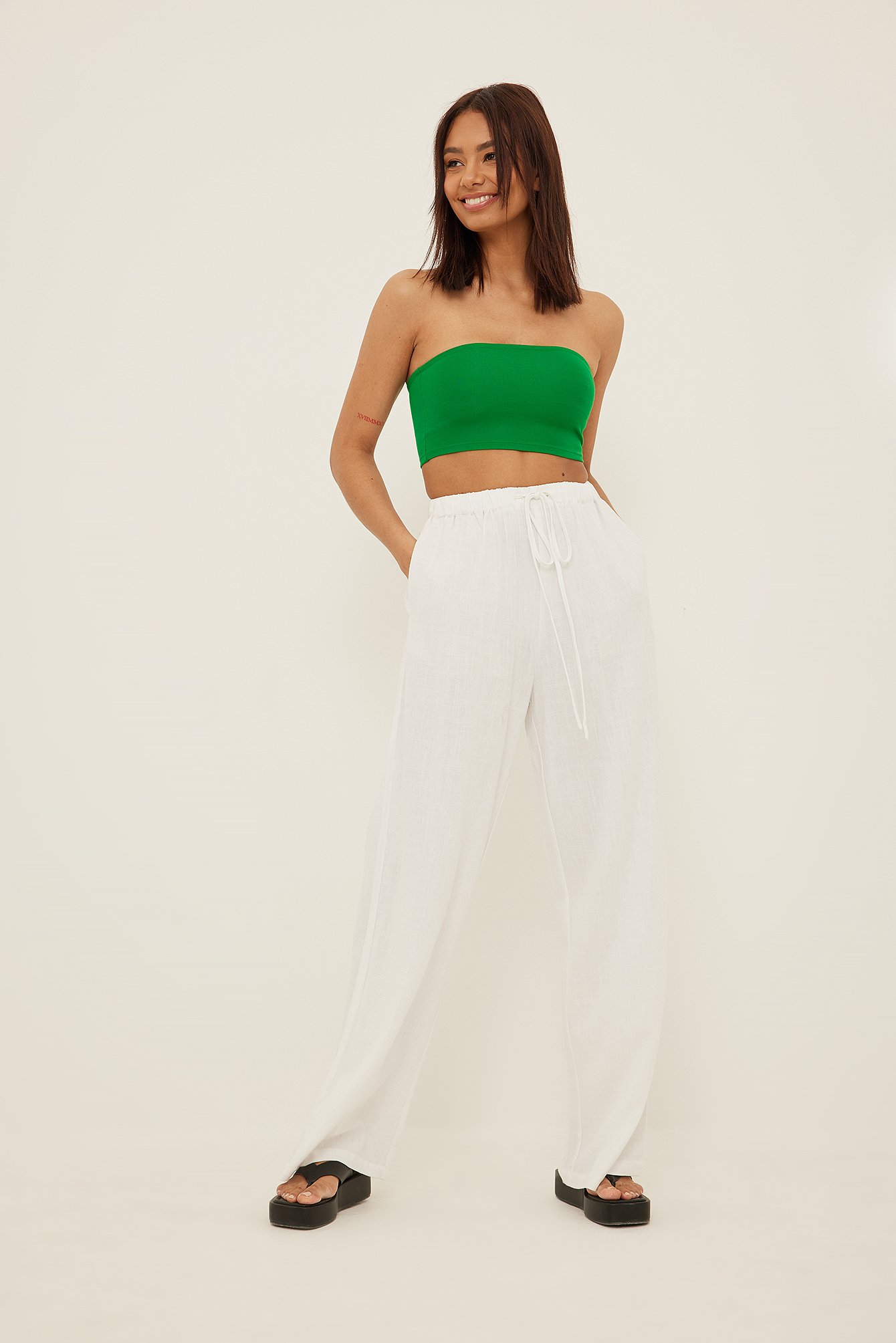 White Relaxed Linen Blend Trousers