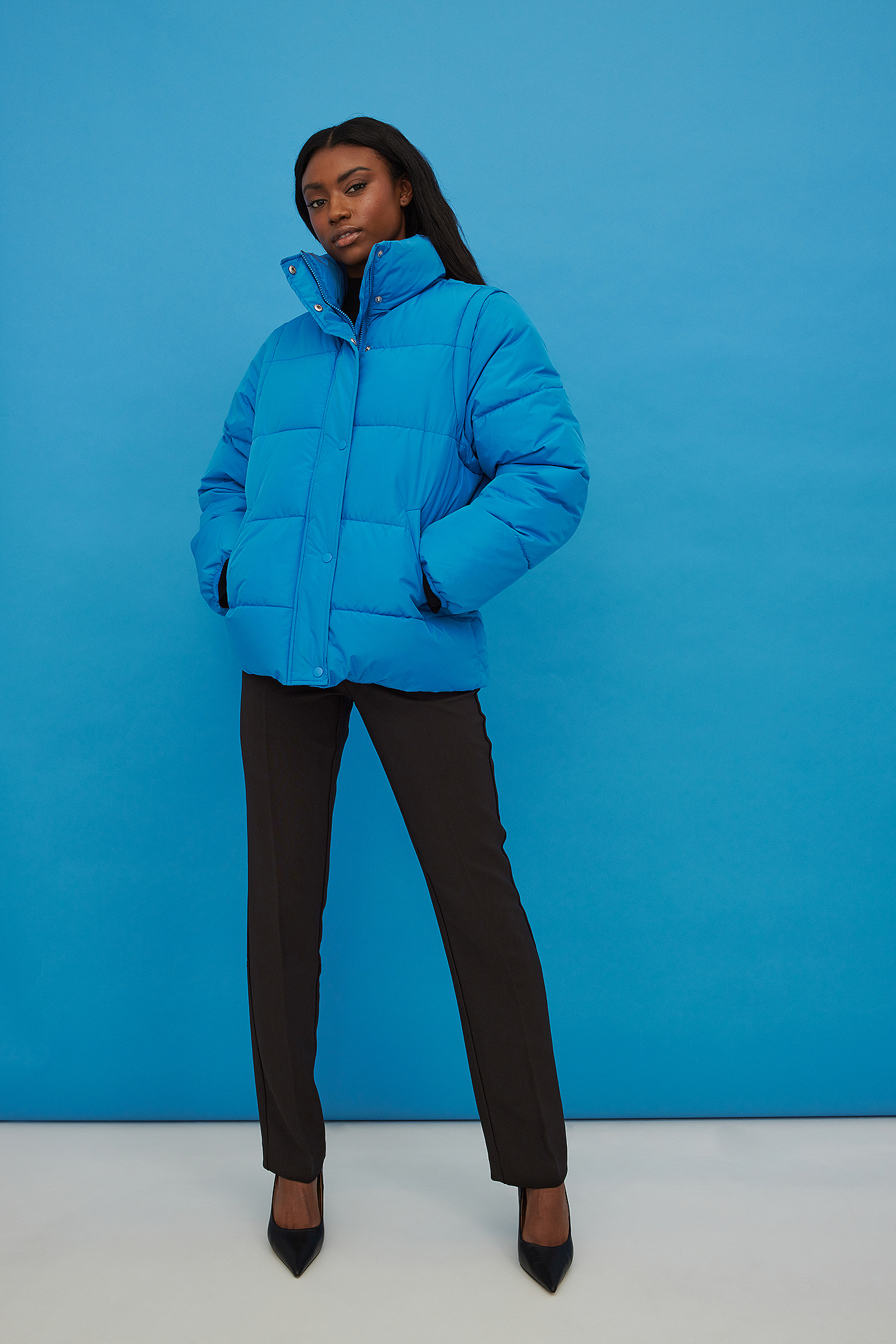 French Blue Removable Sleeve Puffer Jacket