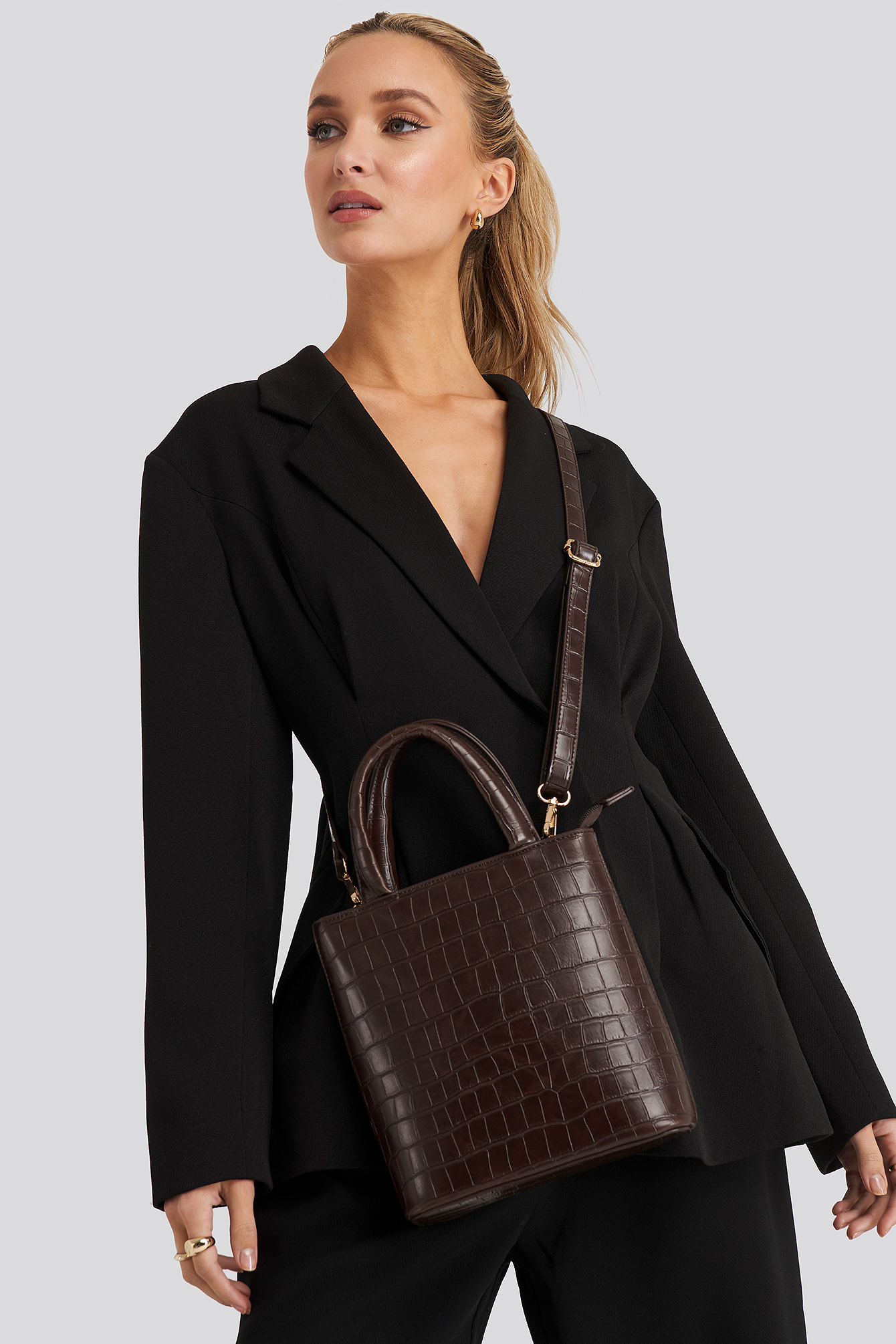 Reptile PU Top Handle Bag Brown