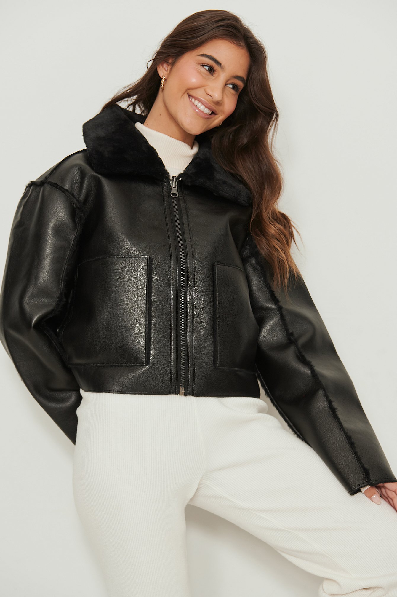 Black NA-KD Trend Reversible PU Faux Fur Jacket