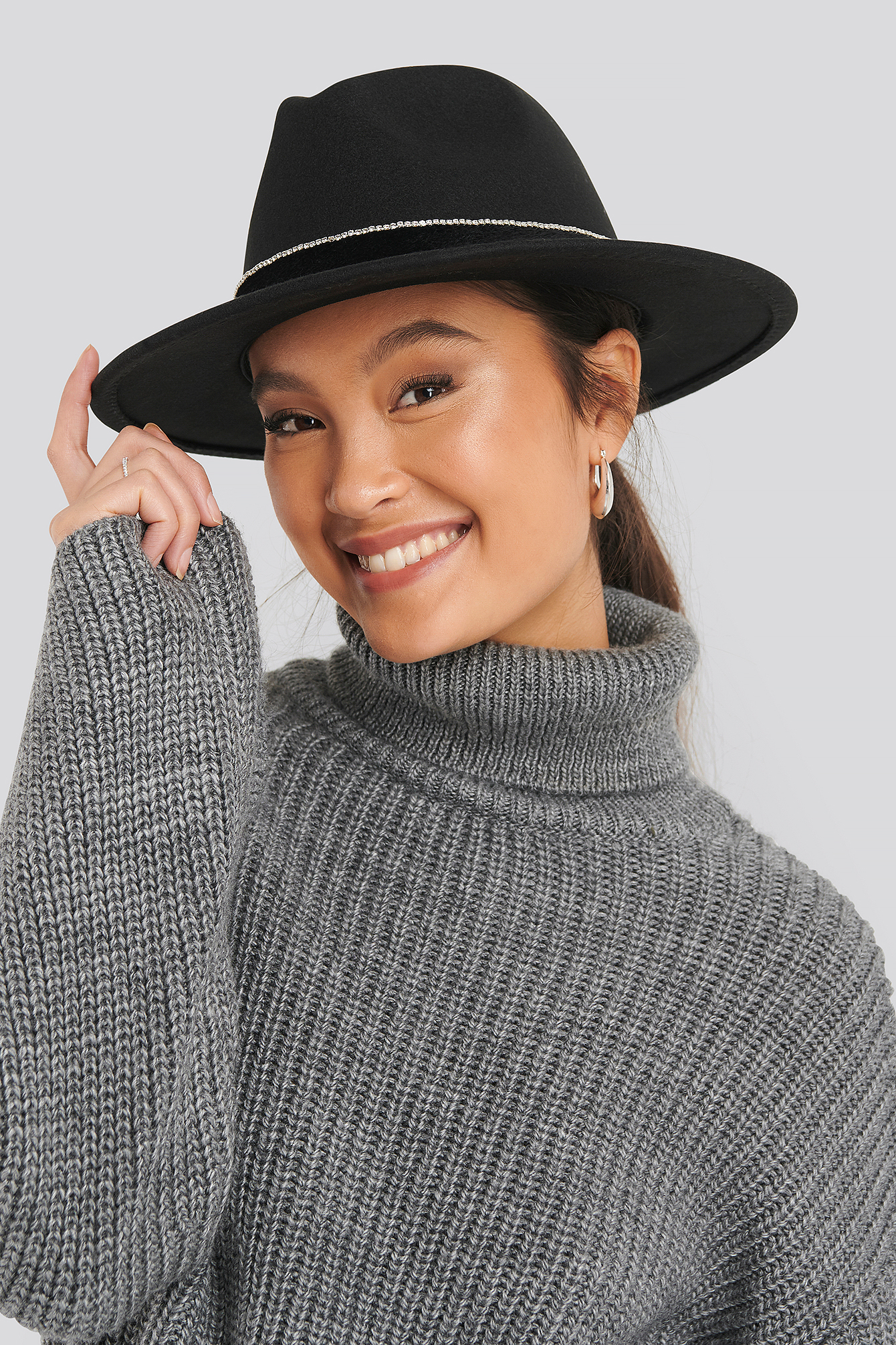 Rhinestone Ribbon Fedora Hat Black