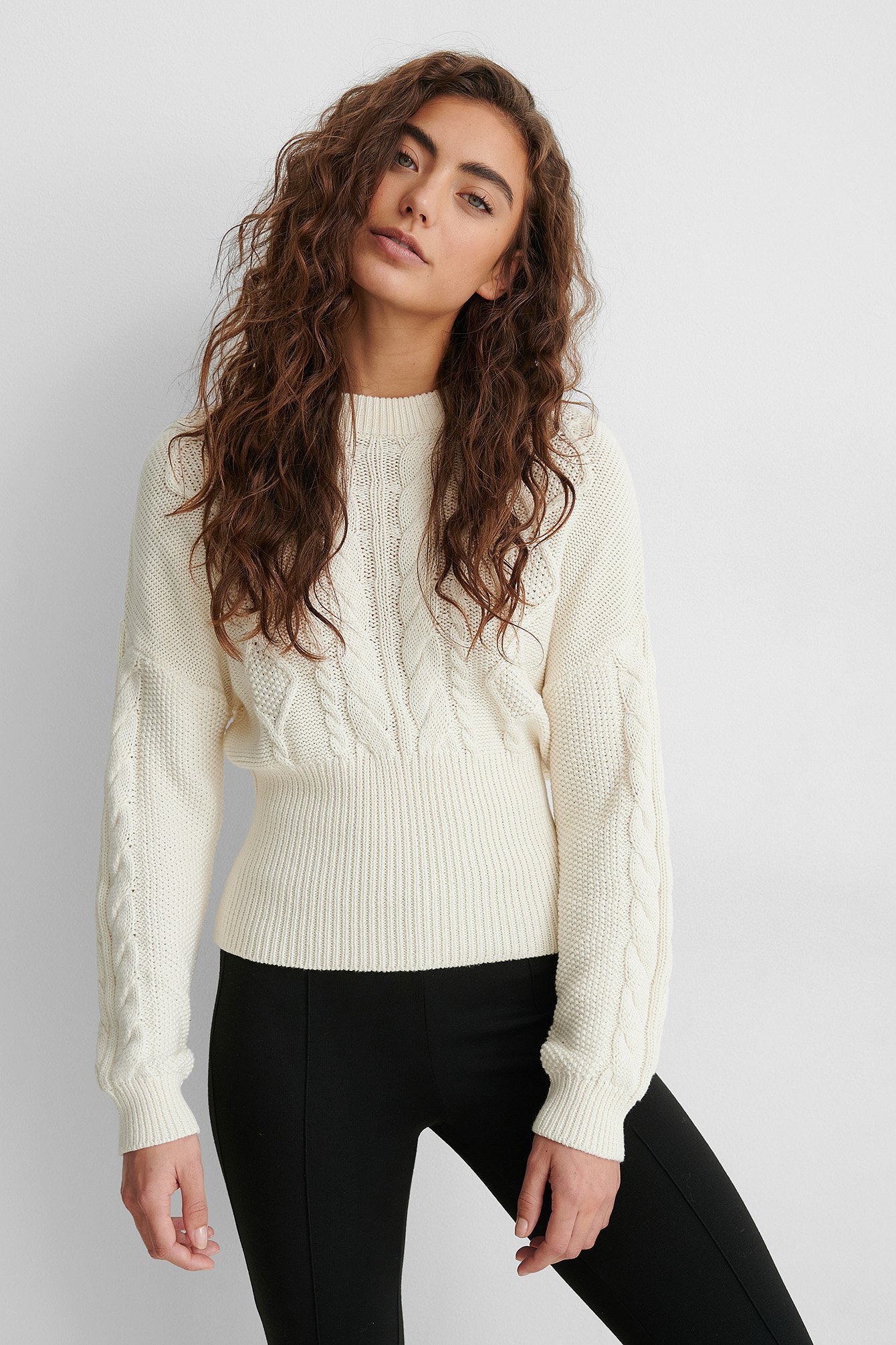 White Rib Detail Cable Knitted Sweater