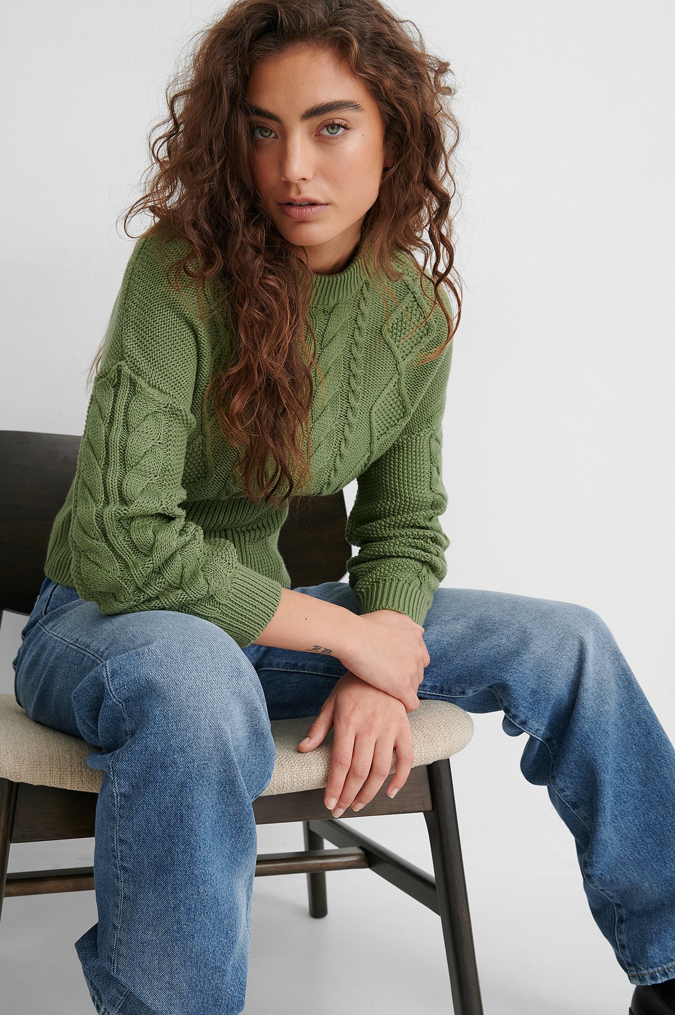 Khaki Rib Detail Cable Knitted Sweater