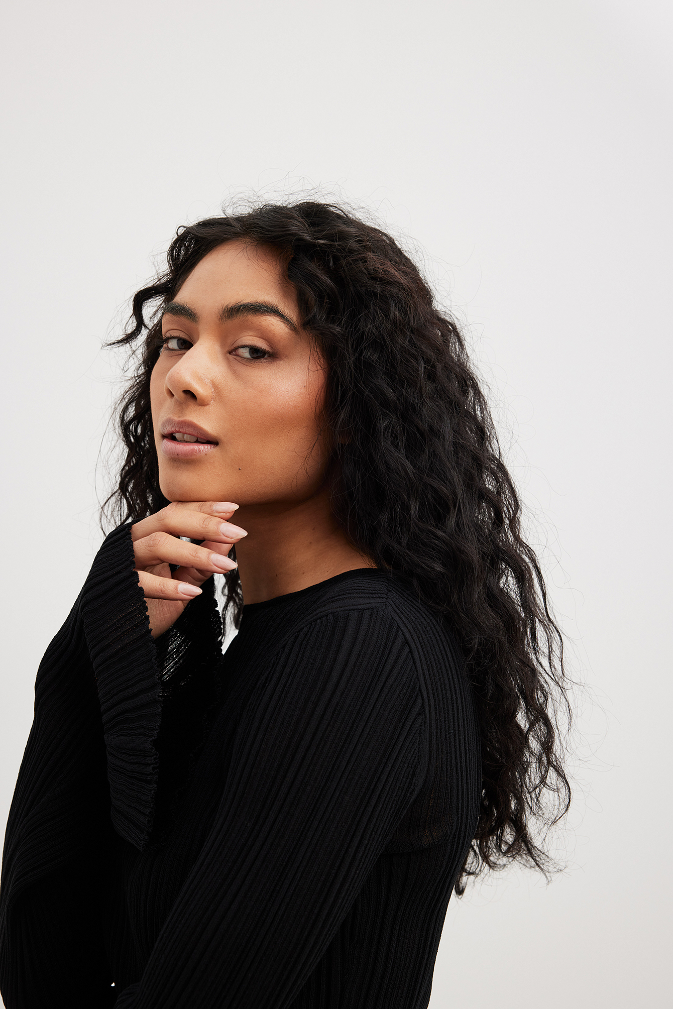 Rib Knit Flared Sleeve Sweater Black NAKD