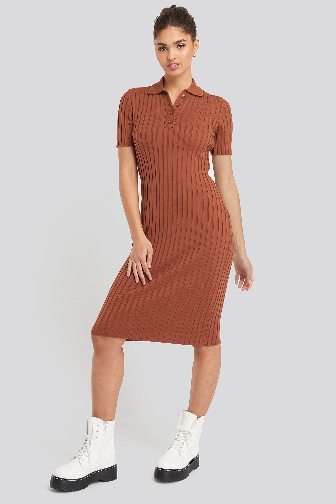 Rib Knitted Midi Dress Rust