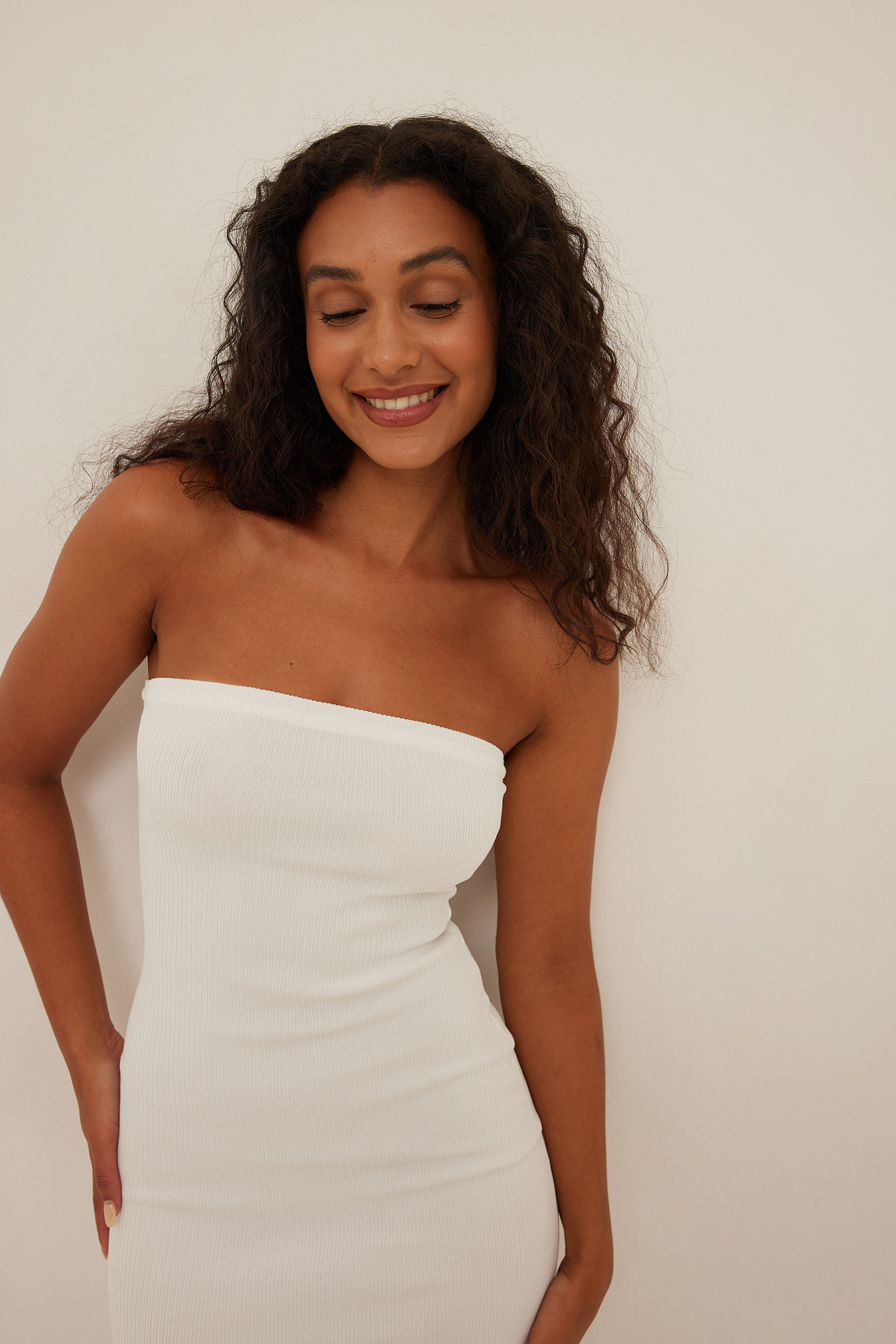 Rib Knitted Mini Tube Dress Offwhite 