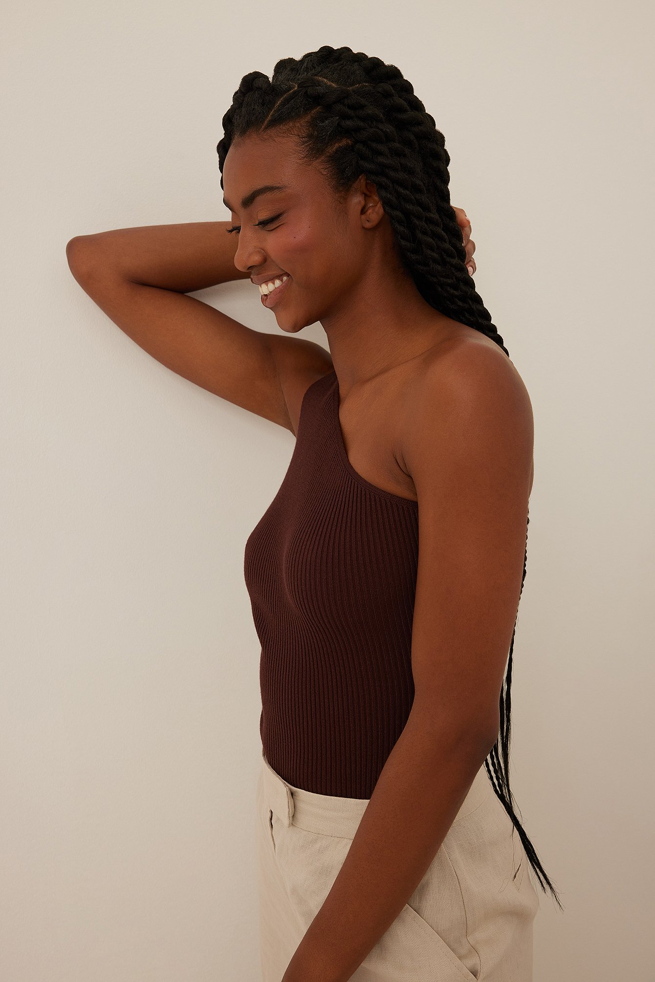 Brown Rib Knitted One Shoulder Top