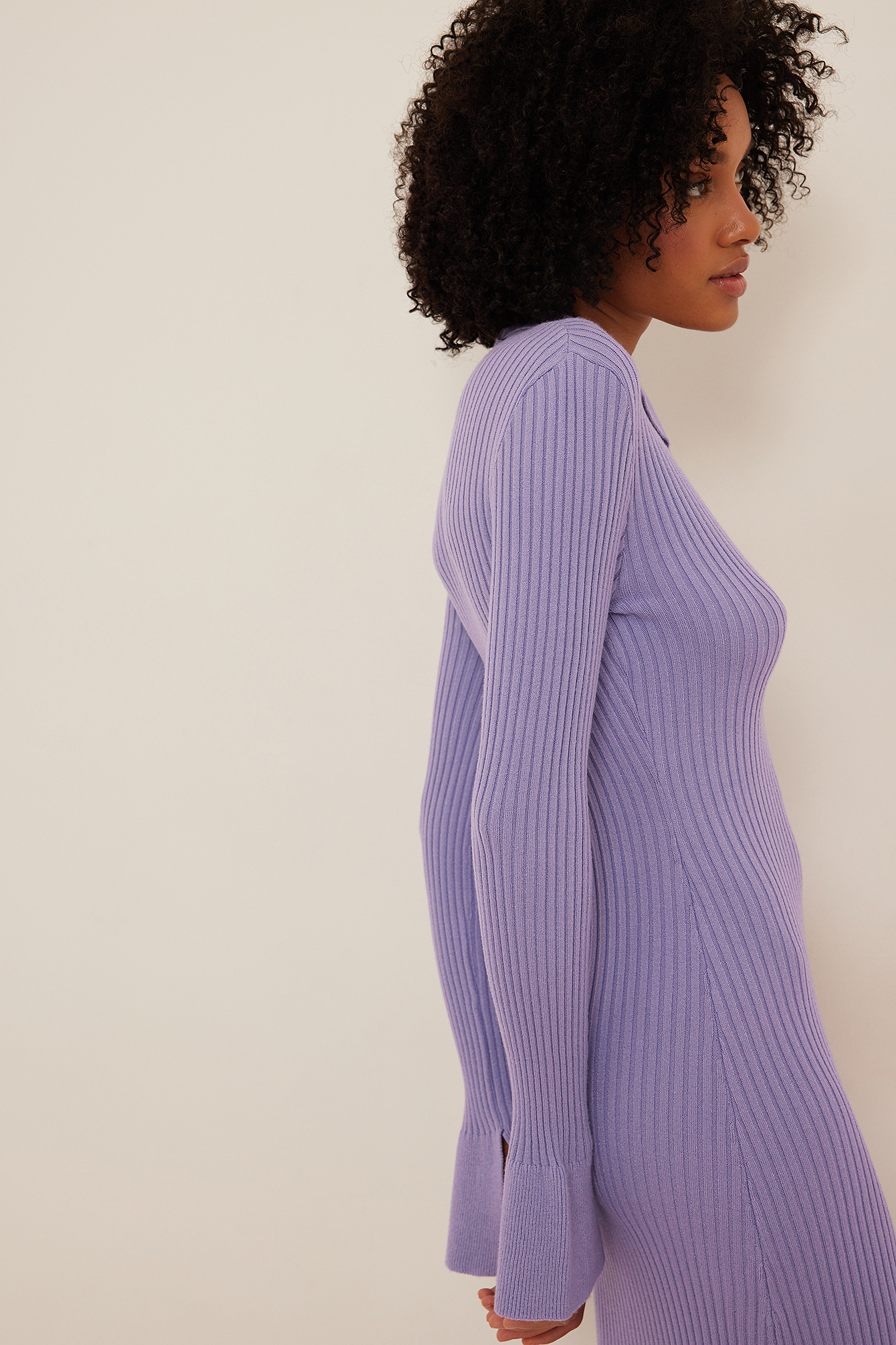 Rib Knitted Trumpet Sleeve Dress Purple 