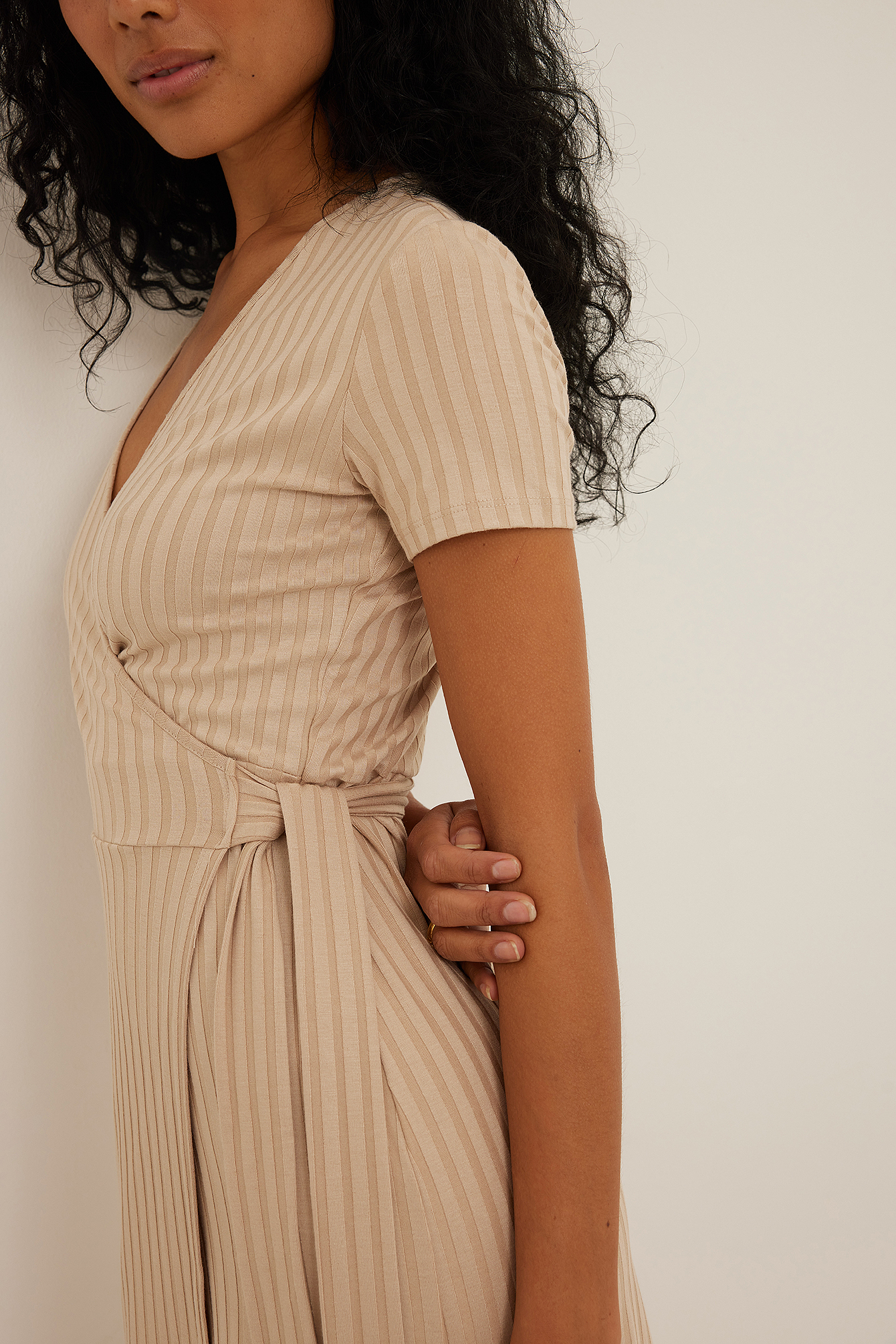 Rib Wrap Short Sleeve Dress Beige | na 