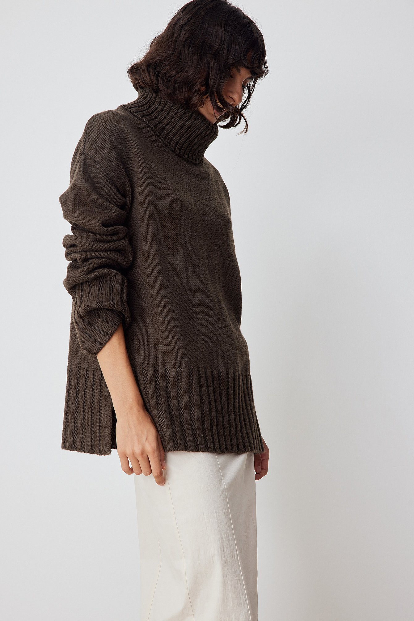 Brown Ribbed High Neck Knitted Sweater