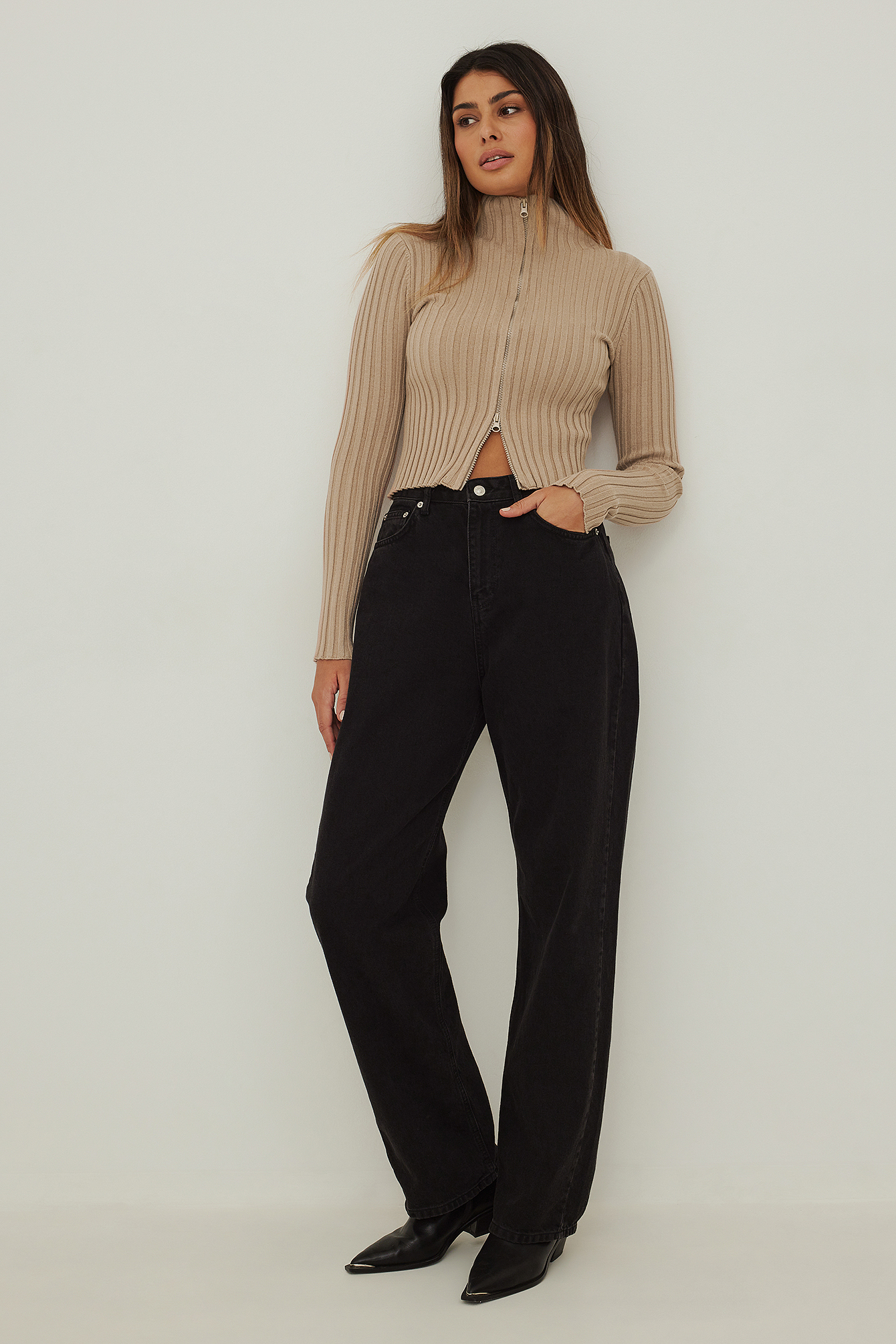 High-Neck Ribbed Sweater with Hood main image 1