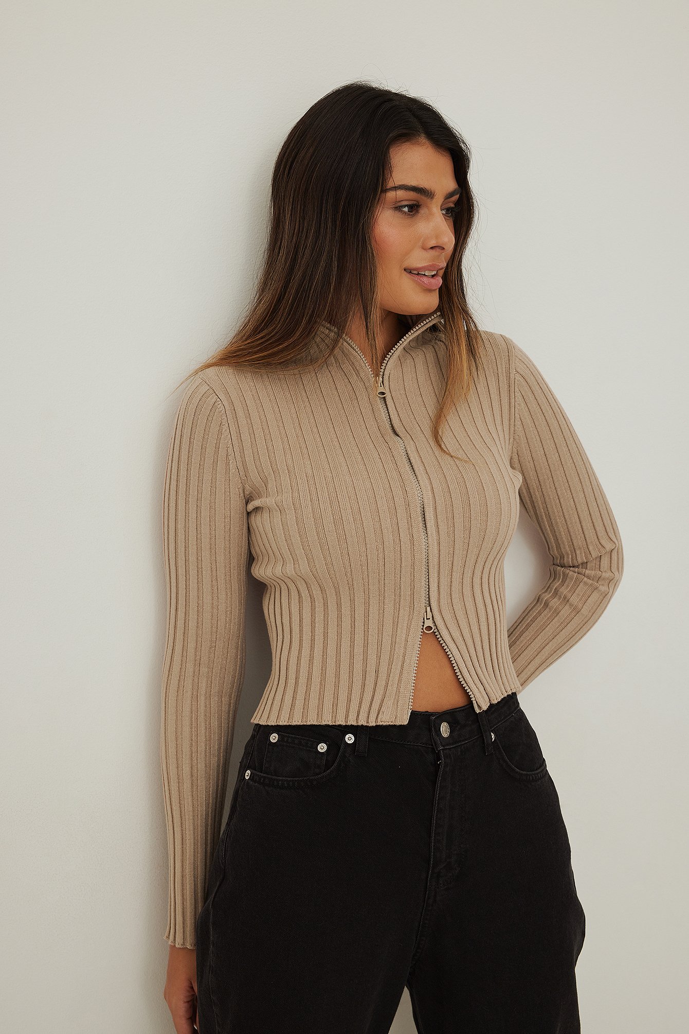 Beige Ribbed High Neck Zipped Knitted Sweater