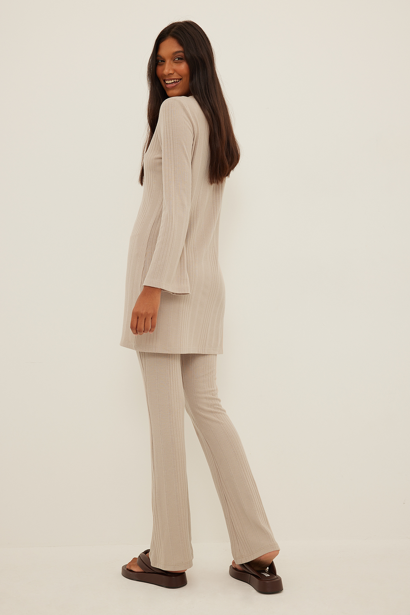 Recycled Ribbed Bootcut Trousers Beige 