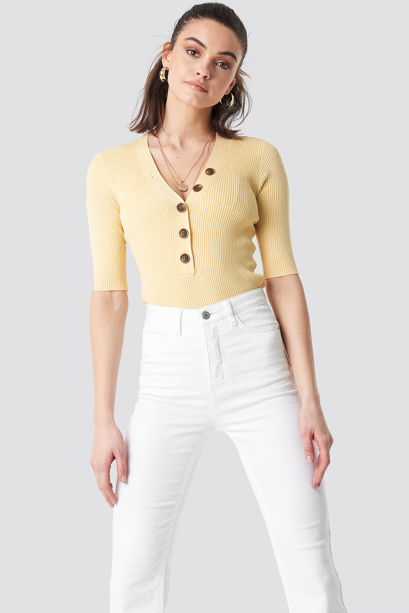 Ribbed Button Short Sleeve Top Light Yellow