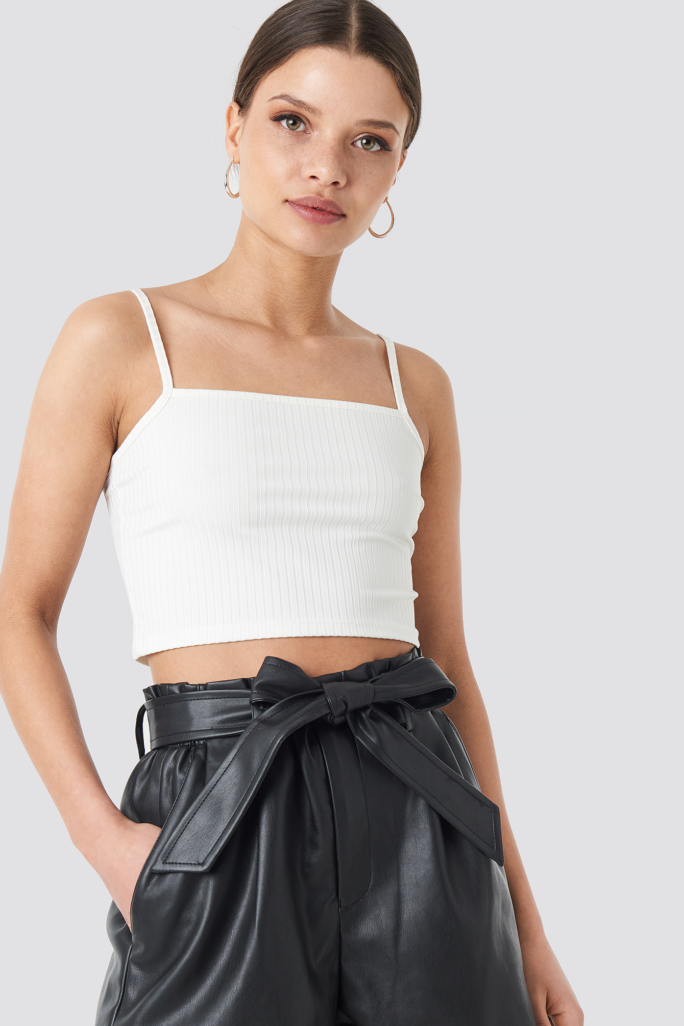Ribbed Cropped Bandeau Strap Singlet Offwhite