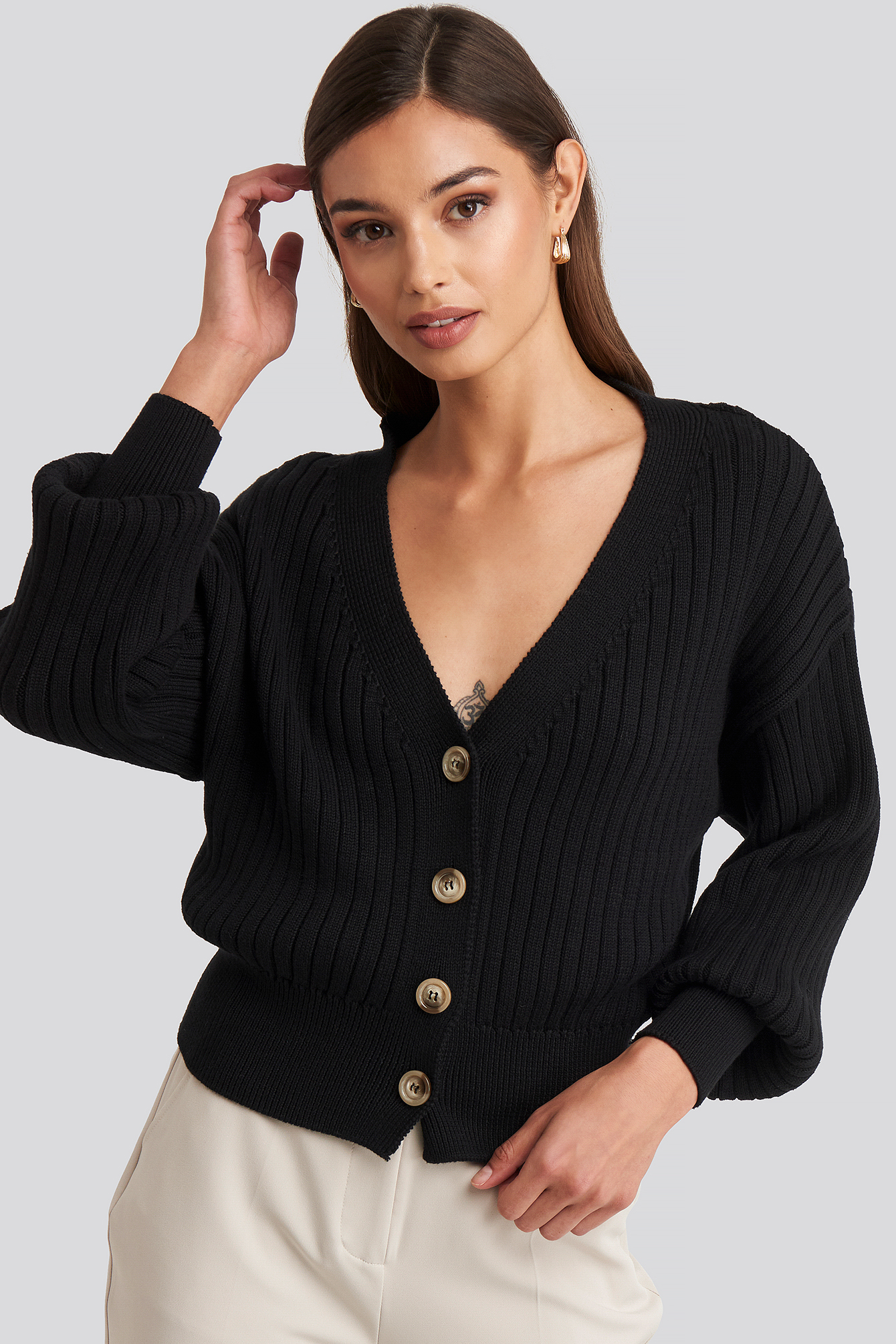 Ribbed Cropped Cardigan Black