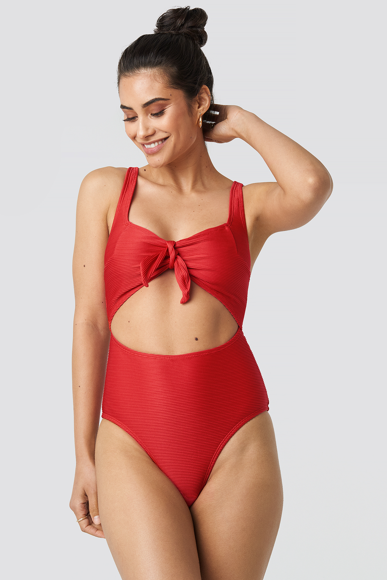 Ribbed Cut Out Knot Swimsuit Red