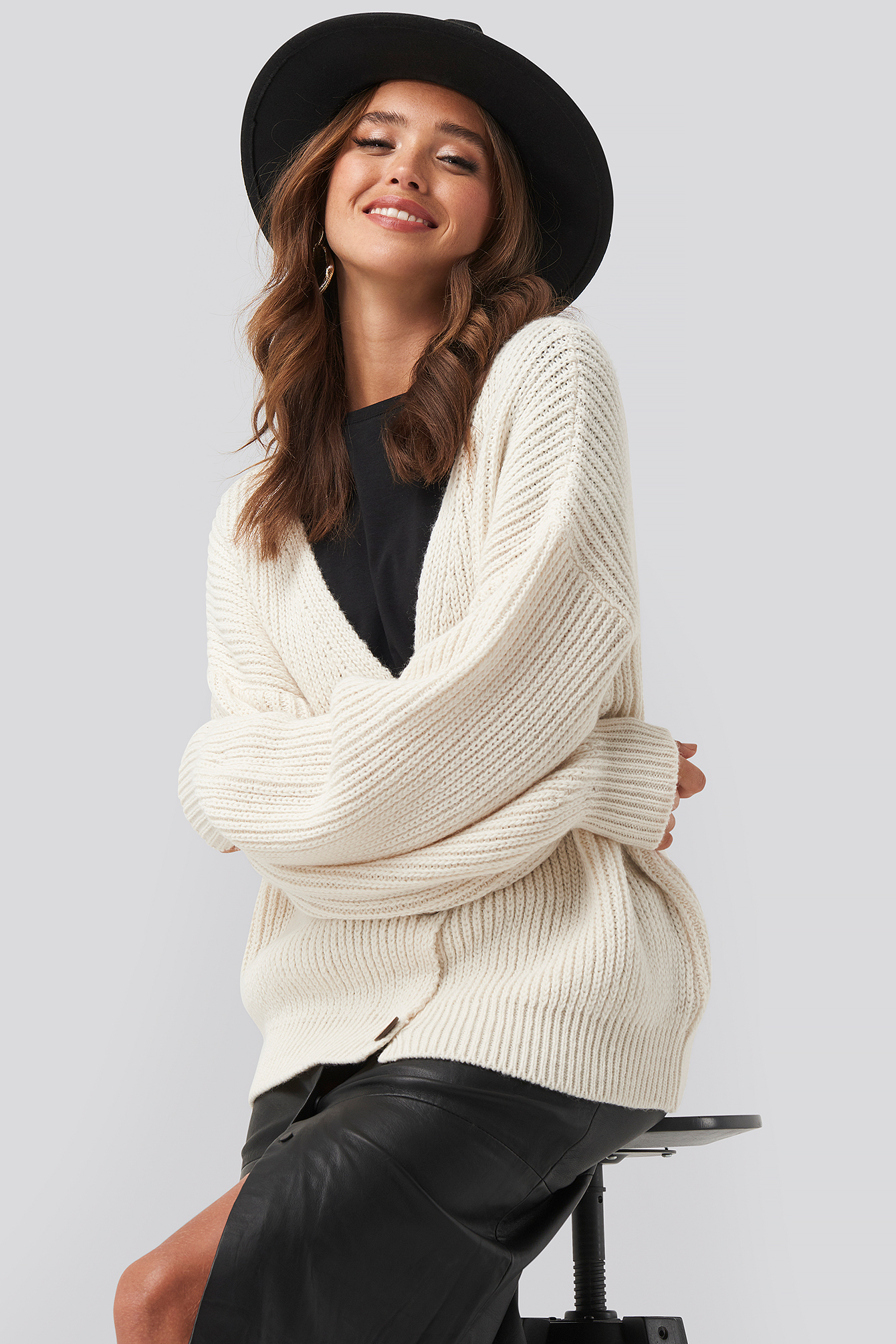 Ribbed Drop Shoulder Cardigan White